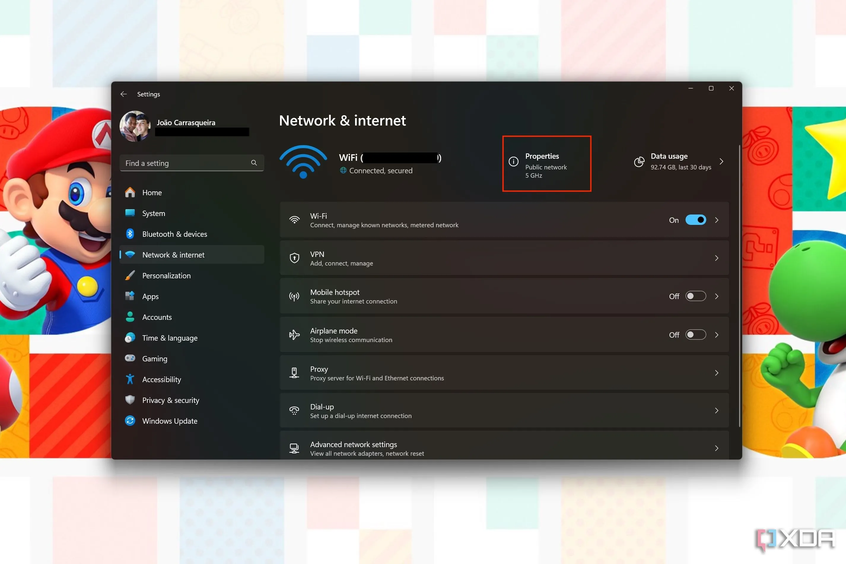Cài đặt mạng và Internet của Windows 11, nhấn mạnh nút Properties để xem chi tiết mạng.