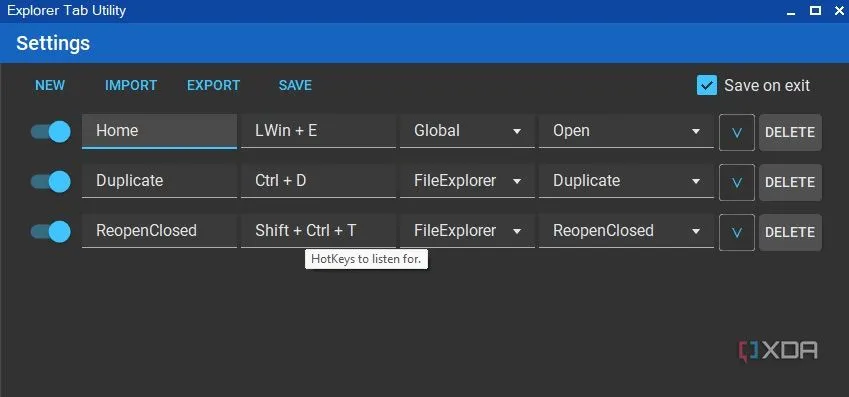 Cài đặt phím tắt tùy chỉnh trong Explorer Tab Utility, cho phép người dùng cấu hình tổ hợp phím nóng