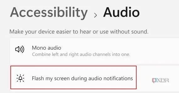 Cài đặt tính năng nháy màn hình khi có thông báo âm thanh trên Windows 11, hiển thị tùy chọn 'Nháy màn hình của tôi'