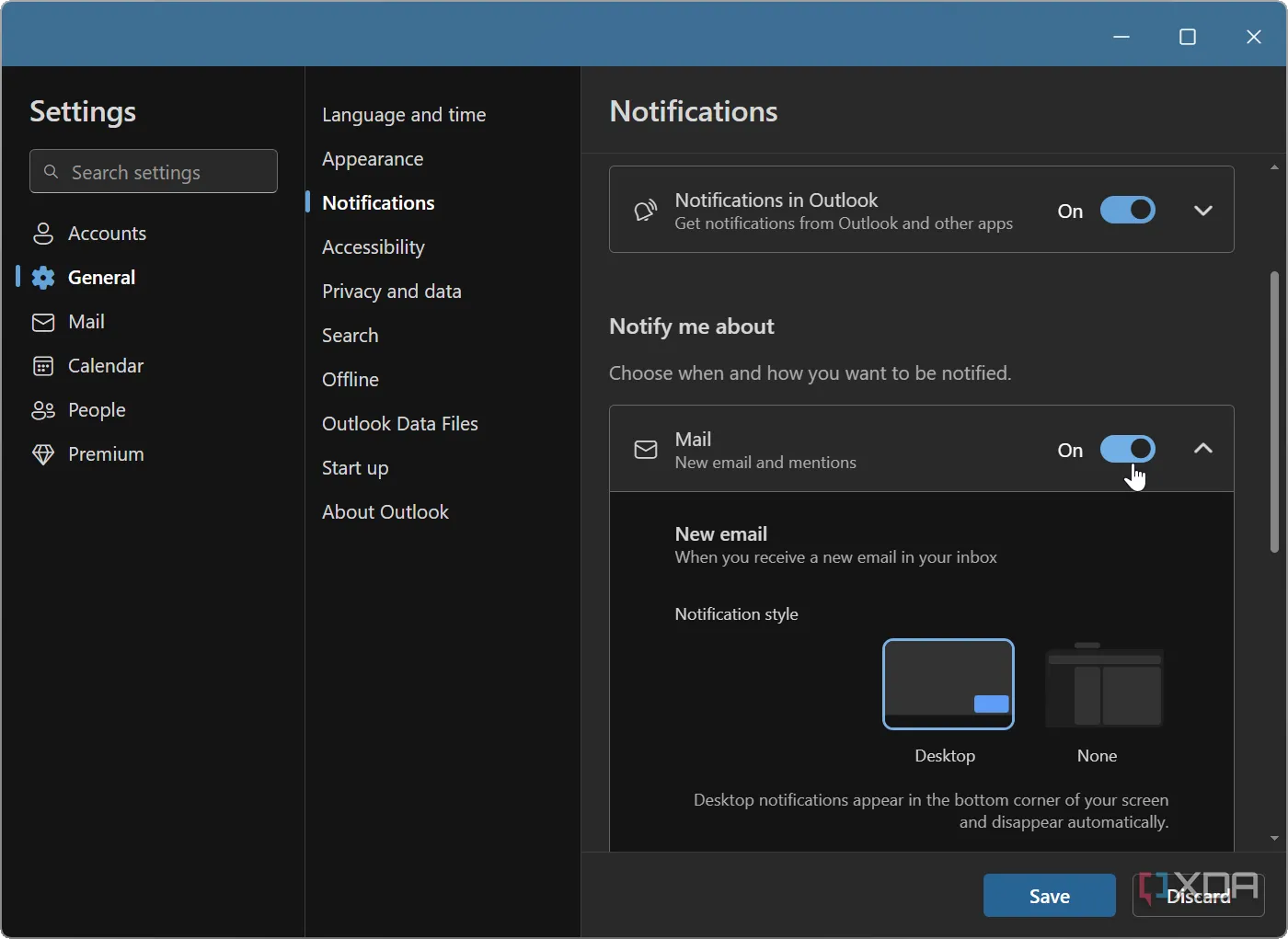 Cài đặt tùy chỉnh thông báo ứng dụng Outlook trên Windows 11