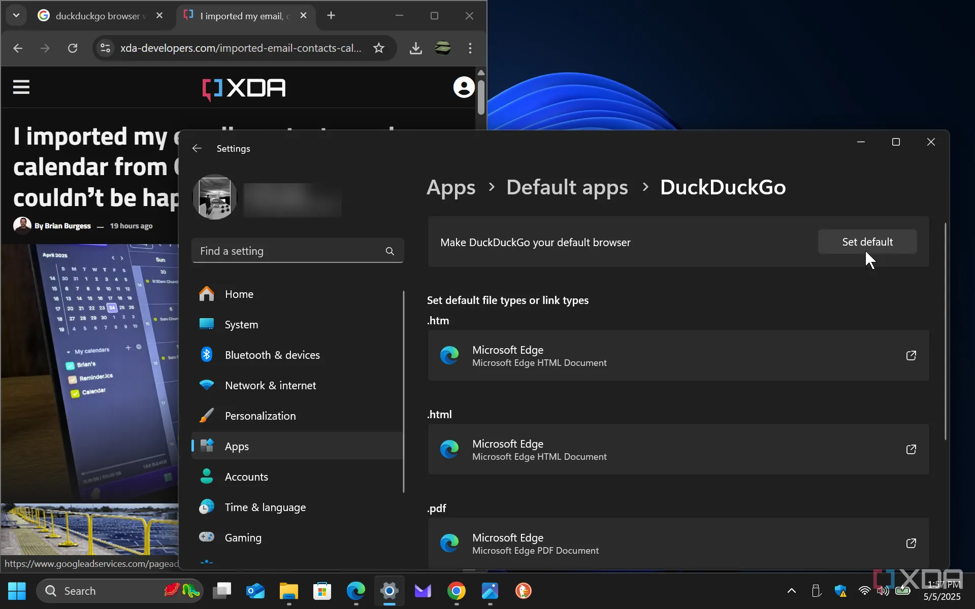 Cài đặt ứng dụng mặc định trong Windows 11, hiển thị tùy chọn thay đổi trình duyệt web mặc định