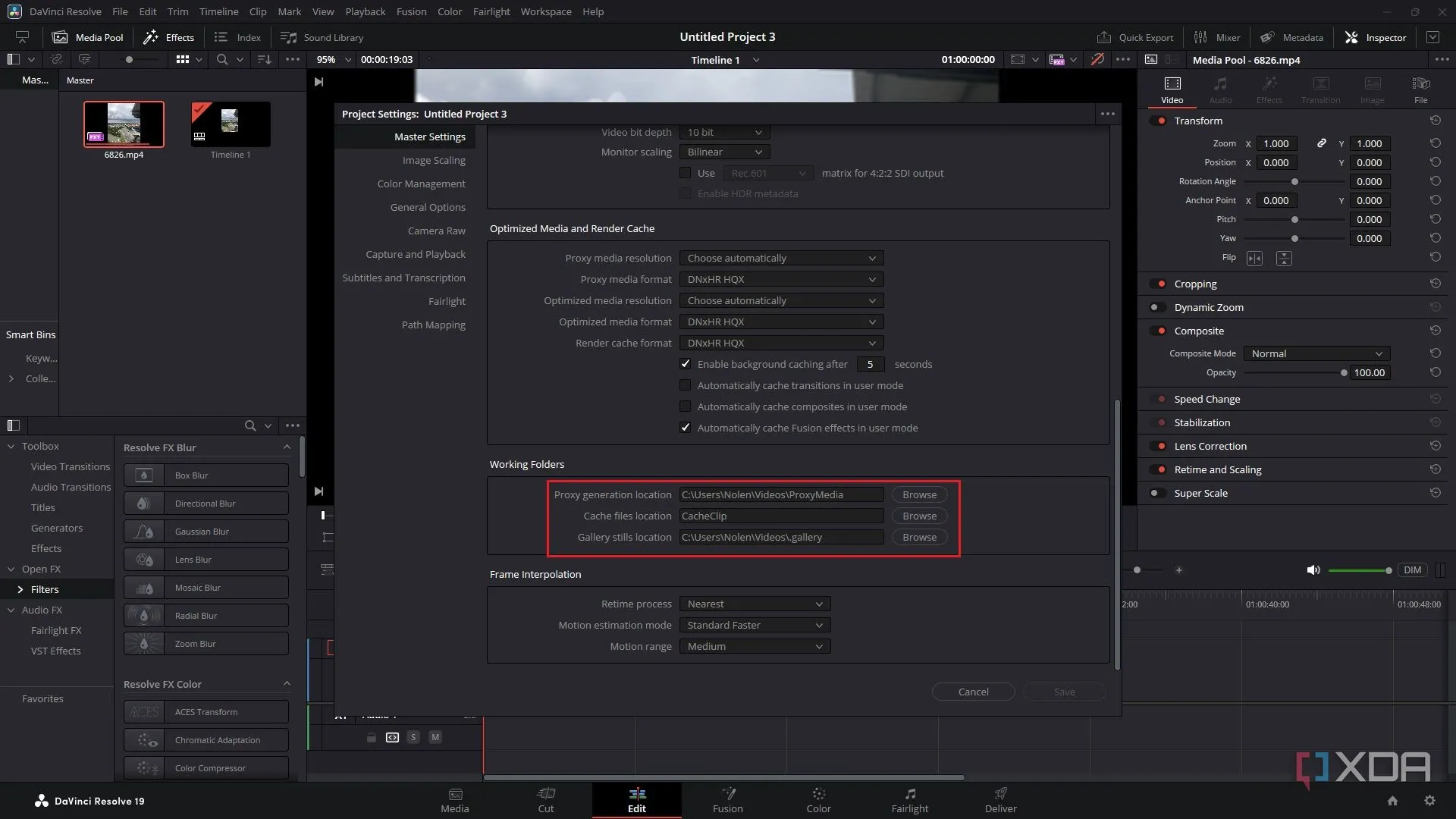 Cài đặt vị trí thư mục làm việc cho tệp cache và proxy trong DaVinci Resolve