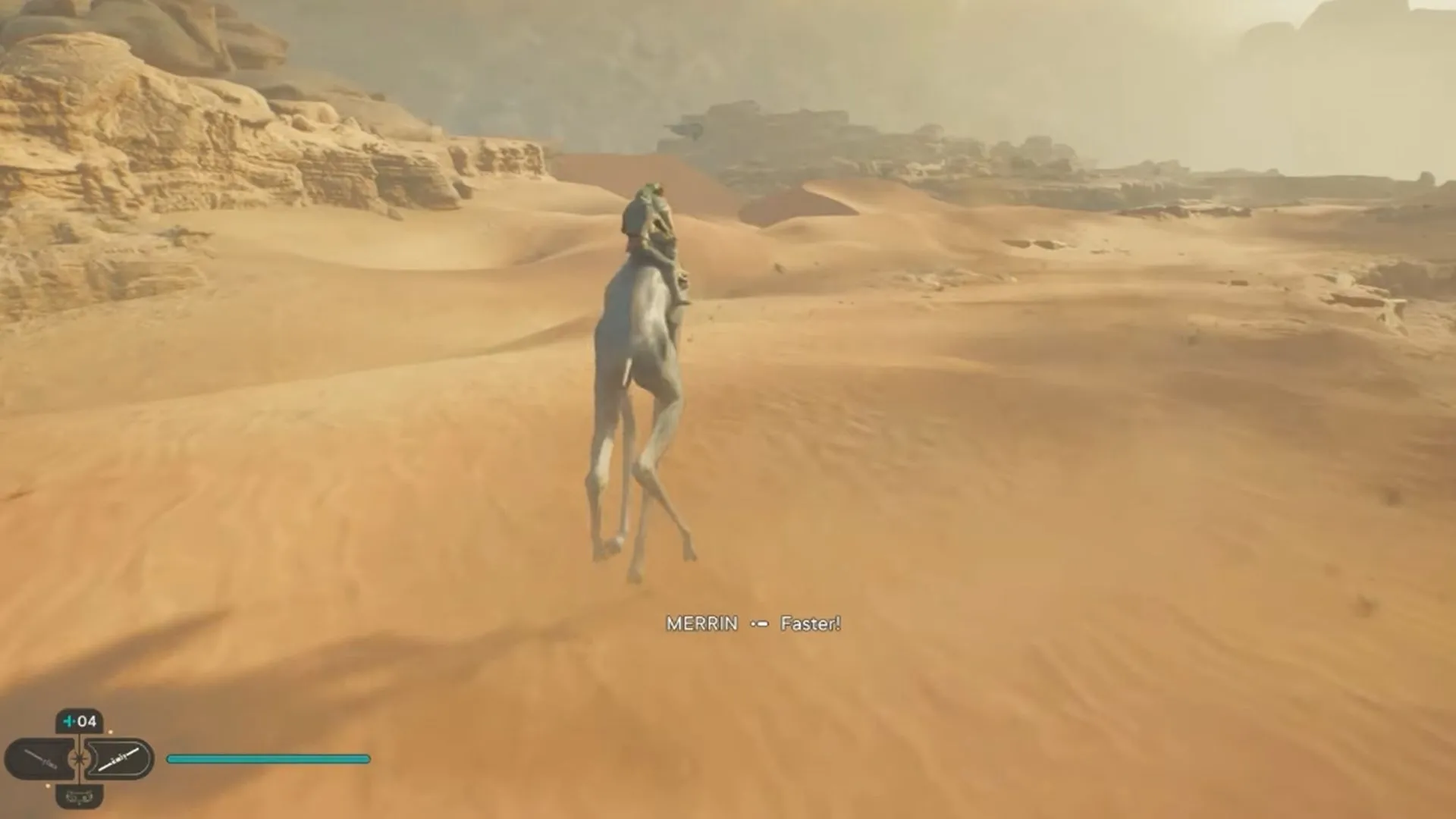 Cal Kestis cưỡi thú băng qua những cồn cát rộng lớn của hành tinh Jedha trong Star Wars Jedi: Survivor