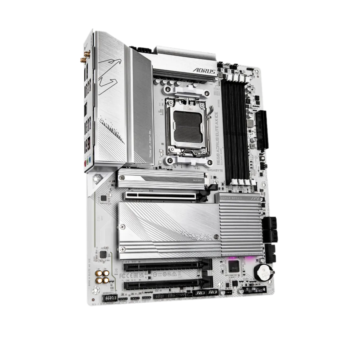 Cận cảnh bo mạch chủ Gigabyte B650 Aorus Elite AX ICE với PCB màu trắng và các heatsink kim loại sáng bóng
