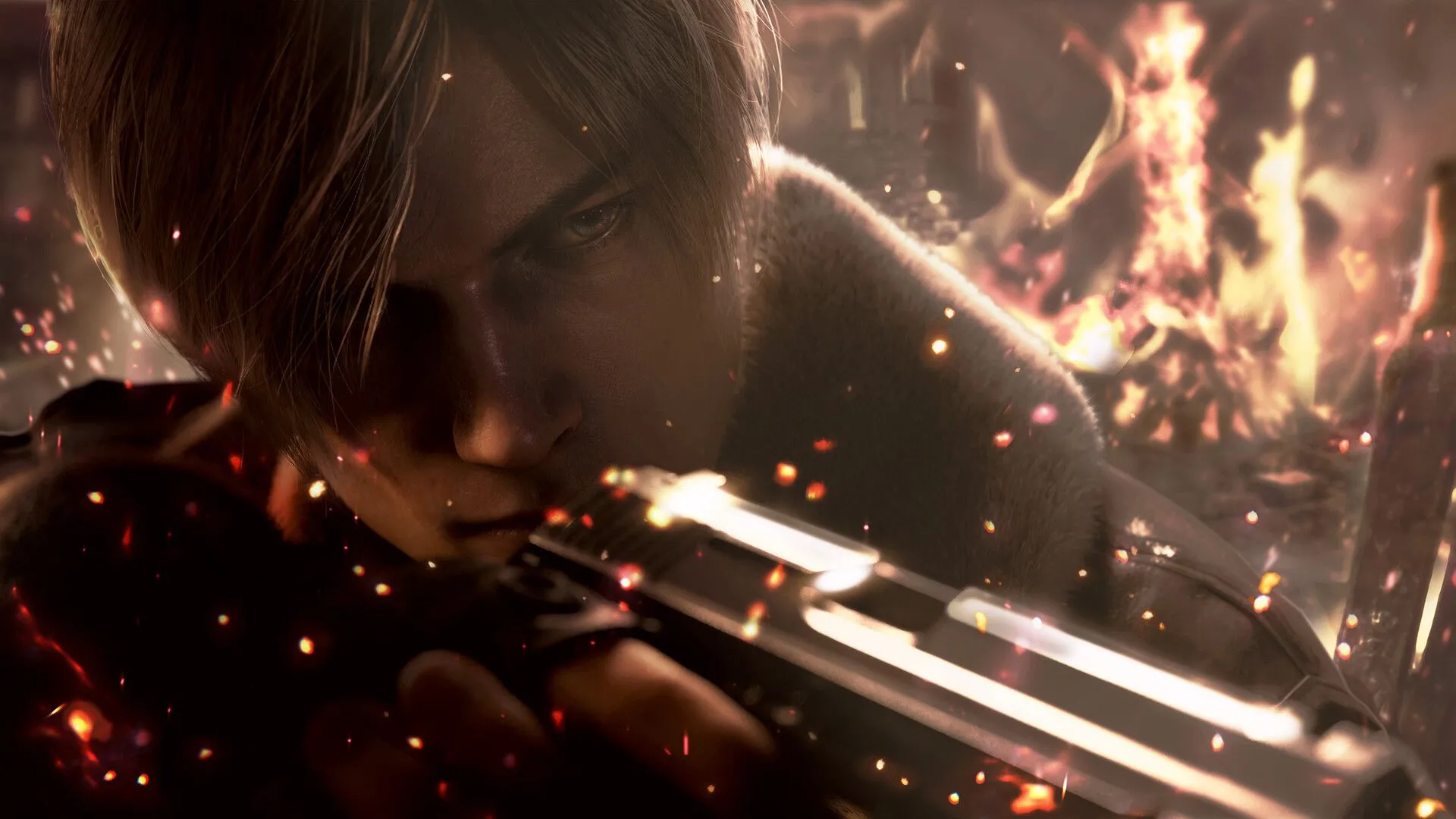 Cận cảnh nhân vật Leon Kennedy trong game Resident Evil 4, một ví dụ về game kinh dị có thể sử dụng âm nhạc và cách bố trí vật phẩm để báo hiệu nguy hiểm.