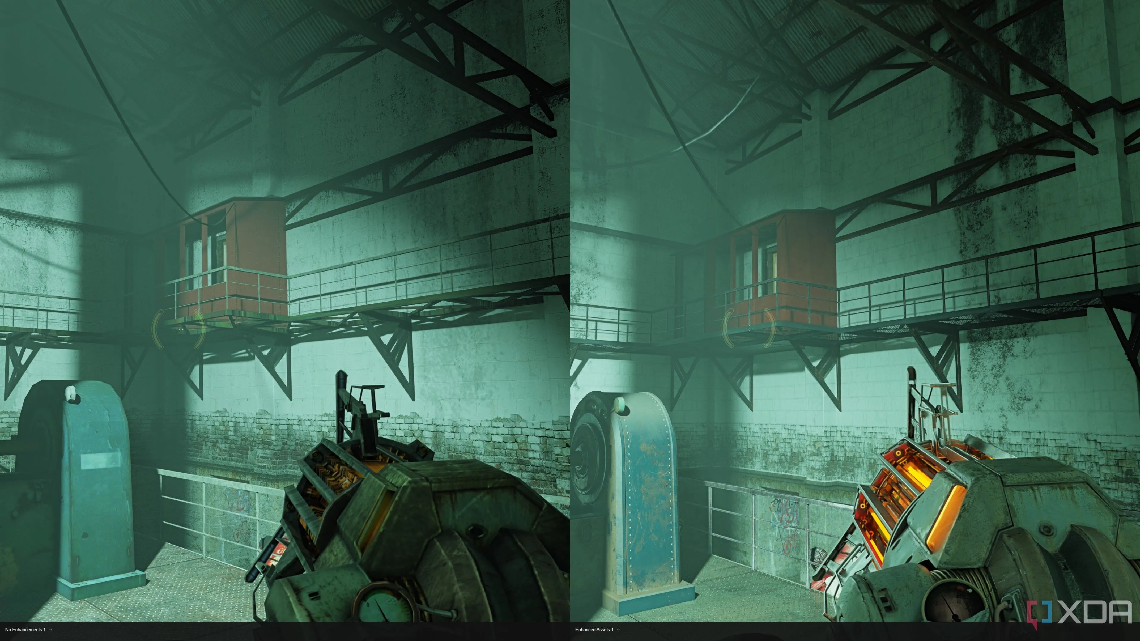 Cận cảnh so sánh chất lượng tài sản trong Half-Life 2 RTX, làm nổi bật chi tiết Gravity Gun và sàn lưới kim loại được hiển thị chính xác hơn nhiều so với bản gốc.