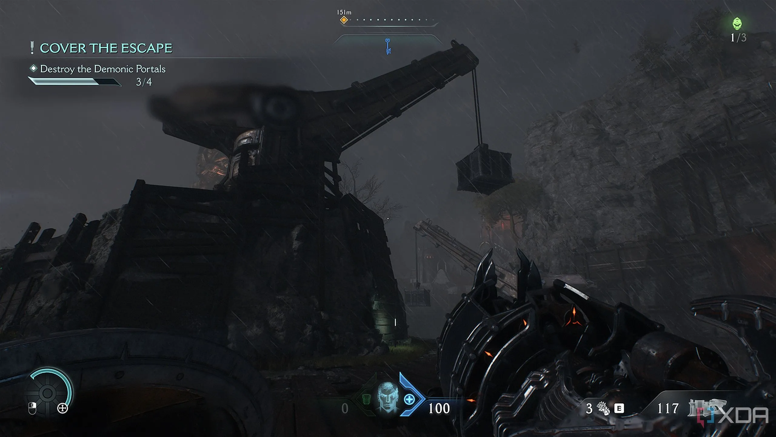 Cần cẩu kim loại lớn trên mỏm đá gần vị trí của Purple Keycard trong Doom The Dark Ages