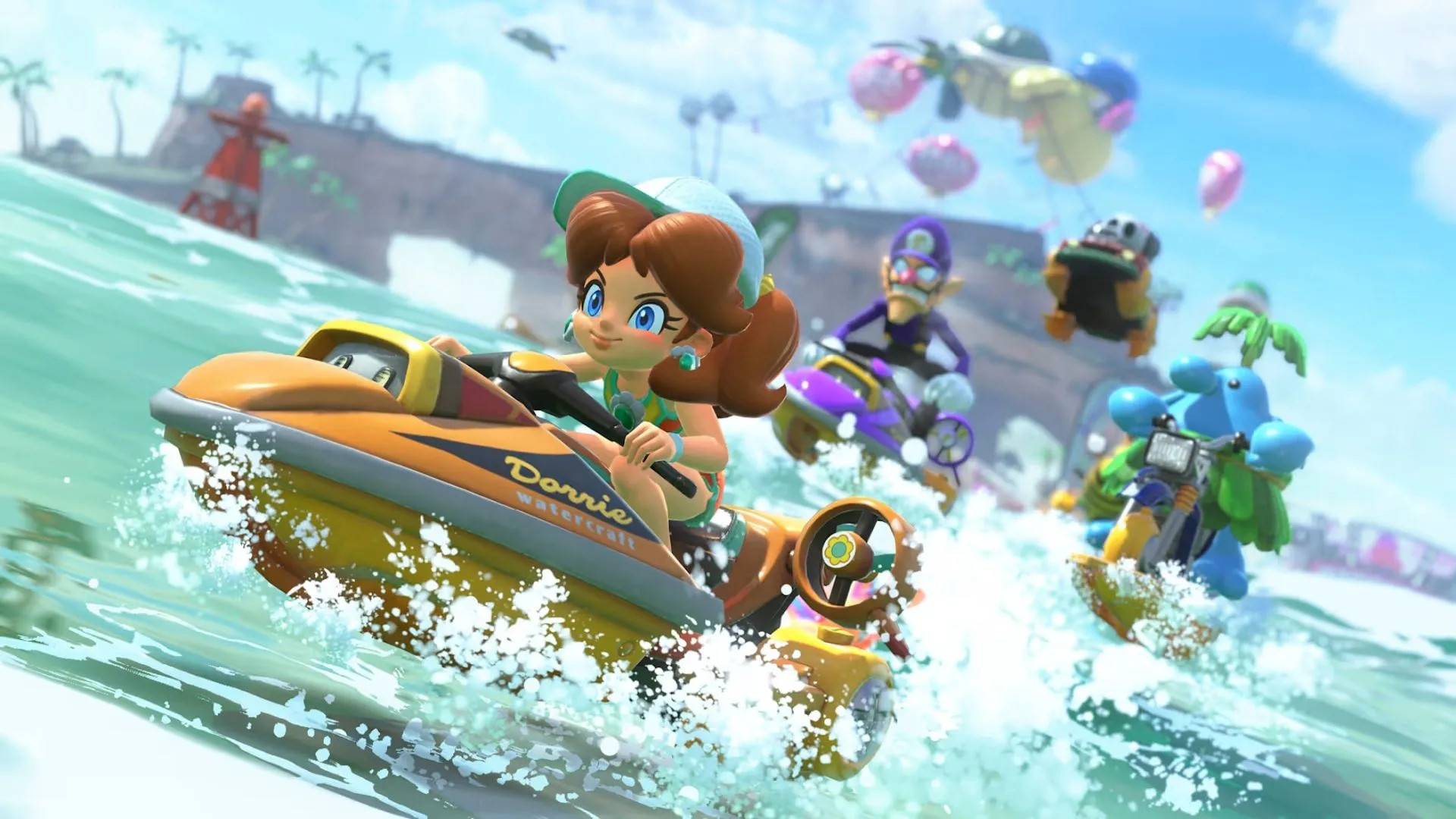 Cảnh bốn tay đua Mario Kart World trên một khúc cua nguy hiểm
