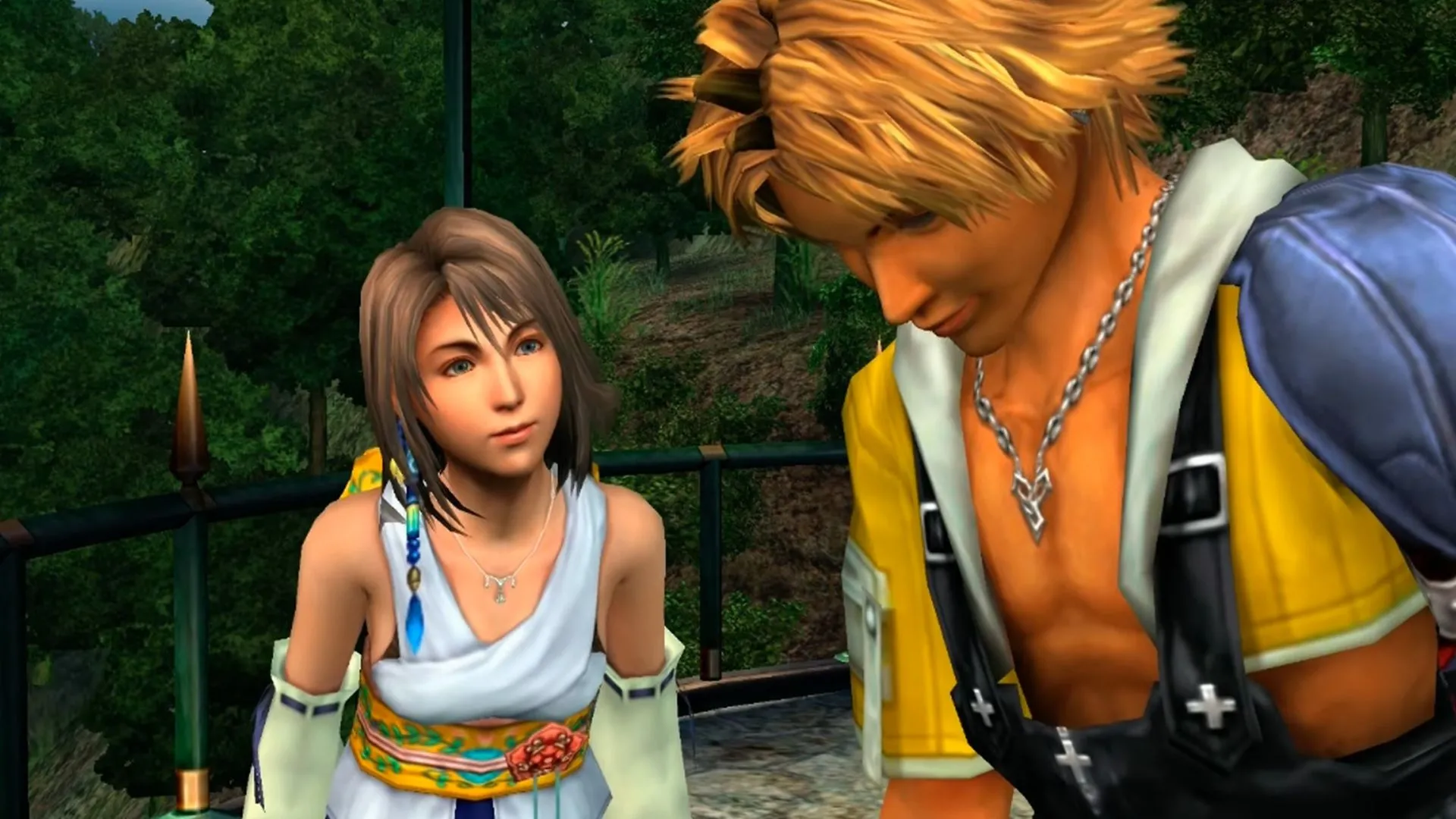 Cảnh cắt cảnh nổi tiếng &quot;tiếng cười của Tidus&quot; trong Final Fantasy X, với Tidus và Yuna đang cười gượng gạo