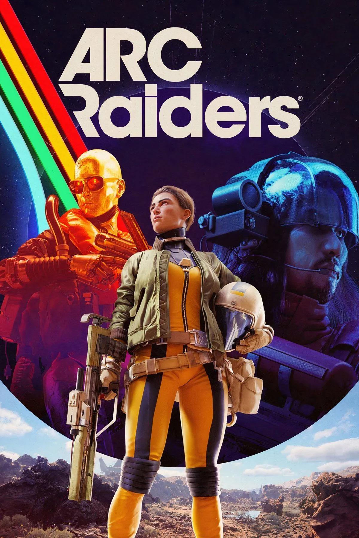 Cảnh chiến đấu hoành tráng trong ARC Raiders với các nhân vật đối đầu robot khổng lồ trong một thế giới đổ nát