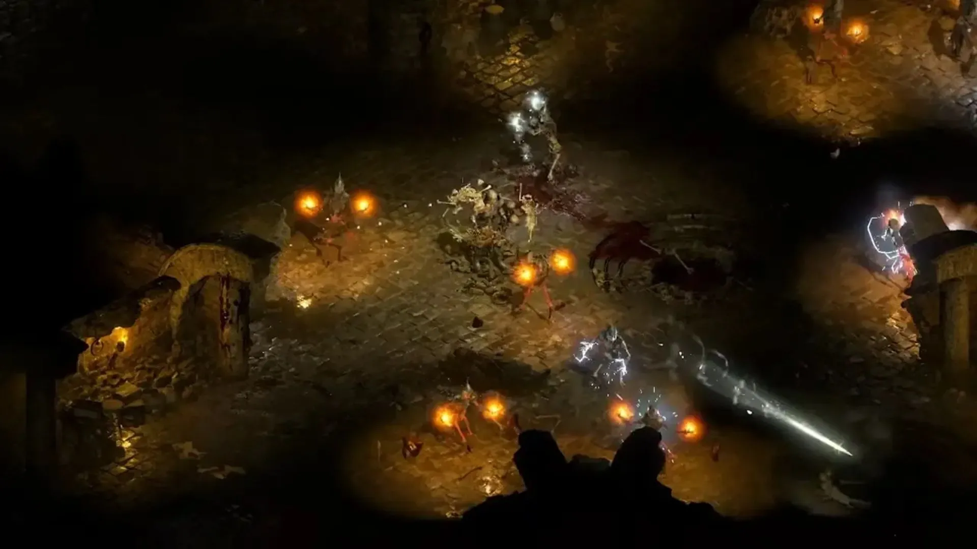 Cảnh chiến đấu kịch tính trong hầm ngục u tối của Diablo 2: Resurrected được tối ưu trên Nintendo Switch 2