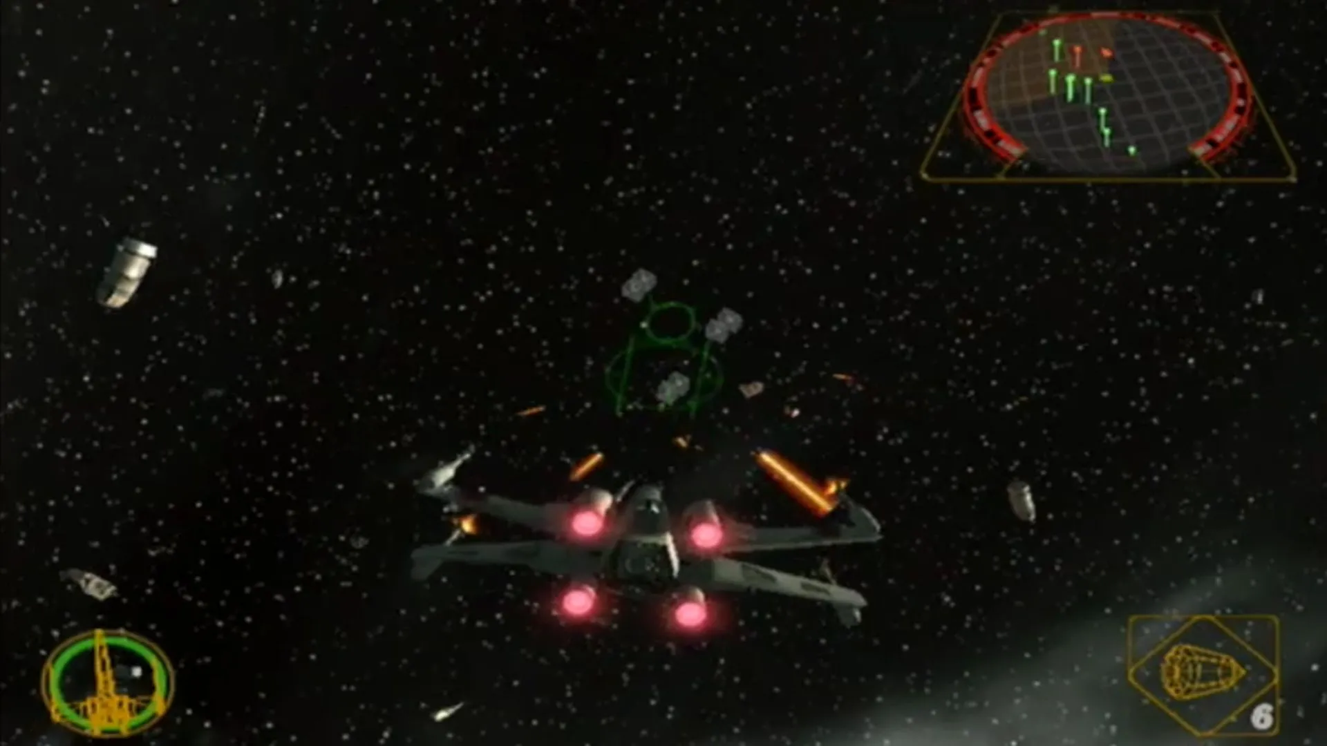 Cảnh chiến đấu trên không giữa X-Wing của phe Rebel và phi cơ TIE Fighter của Empire trong Star Wars Rogue Squadron 2 Rogue Leader