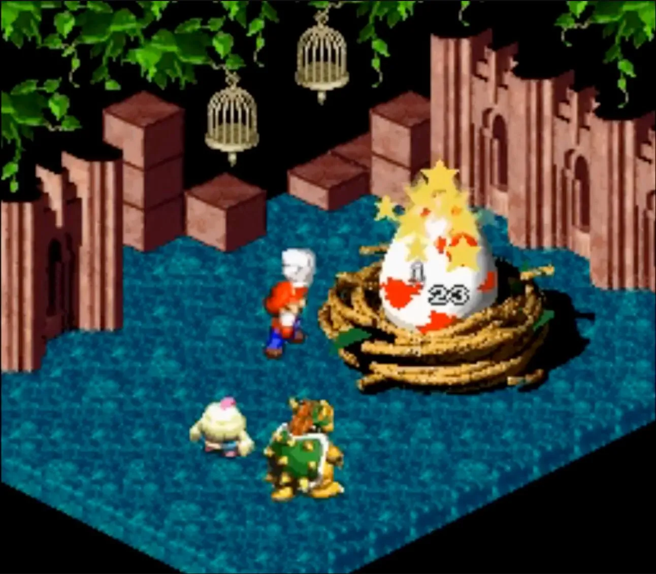 Cảnh chiến đấu trong tựa game nhập vai Super Mario RPG trên hệ máy SNES