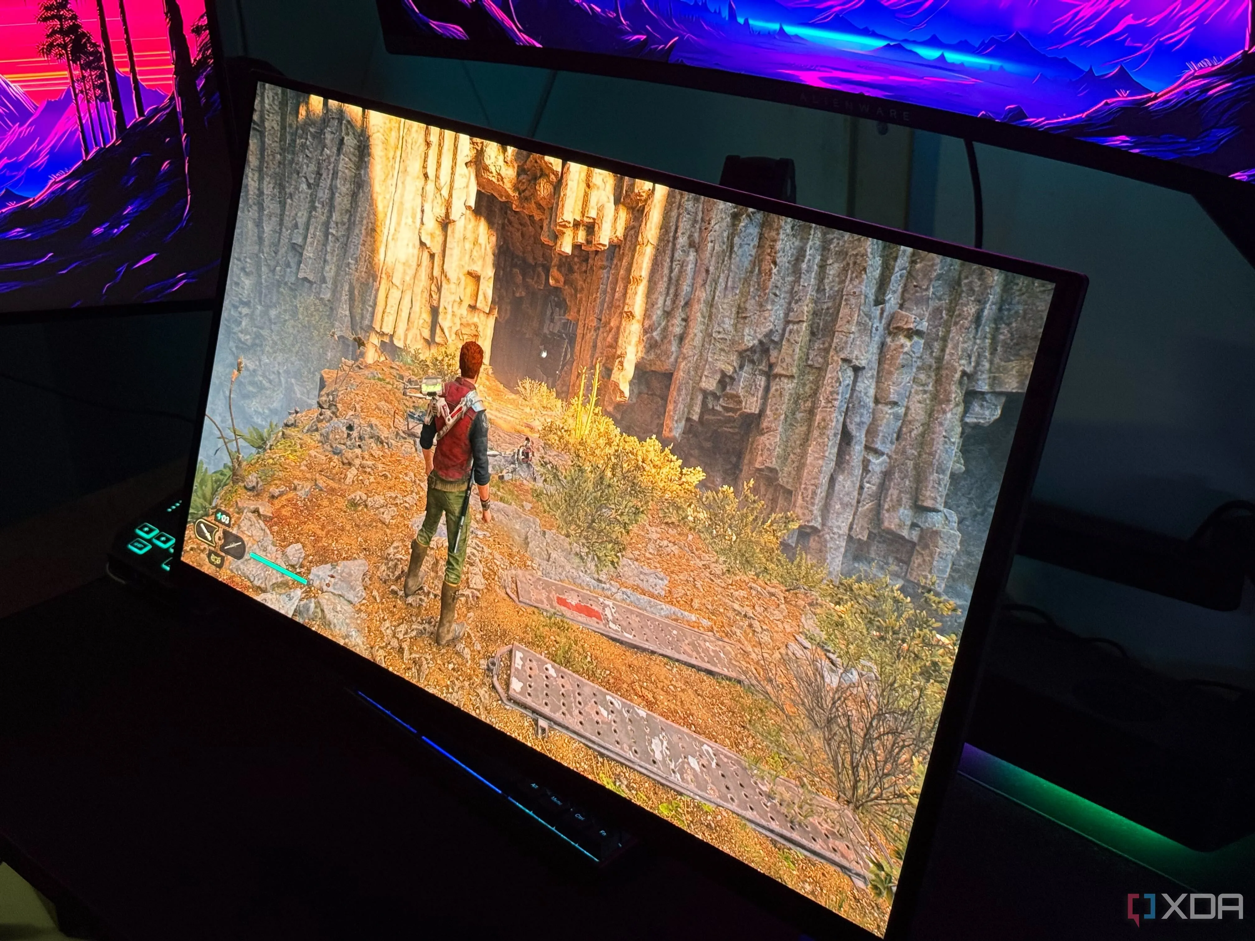 Cảnh chơi game Star Wars Jedi Survivor trên màn hình OLED, minh họa hiện tượng bóng mờ DLSS