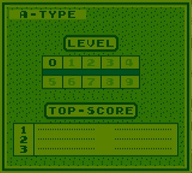Cảnh chơi Tetris trên Game Boy, điểm số cao được hiển thị
