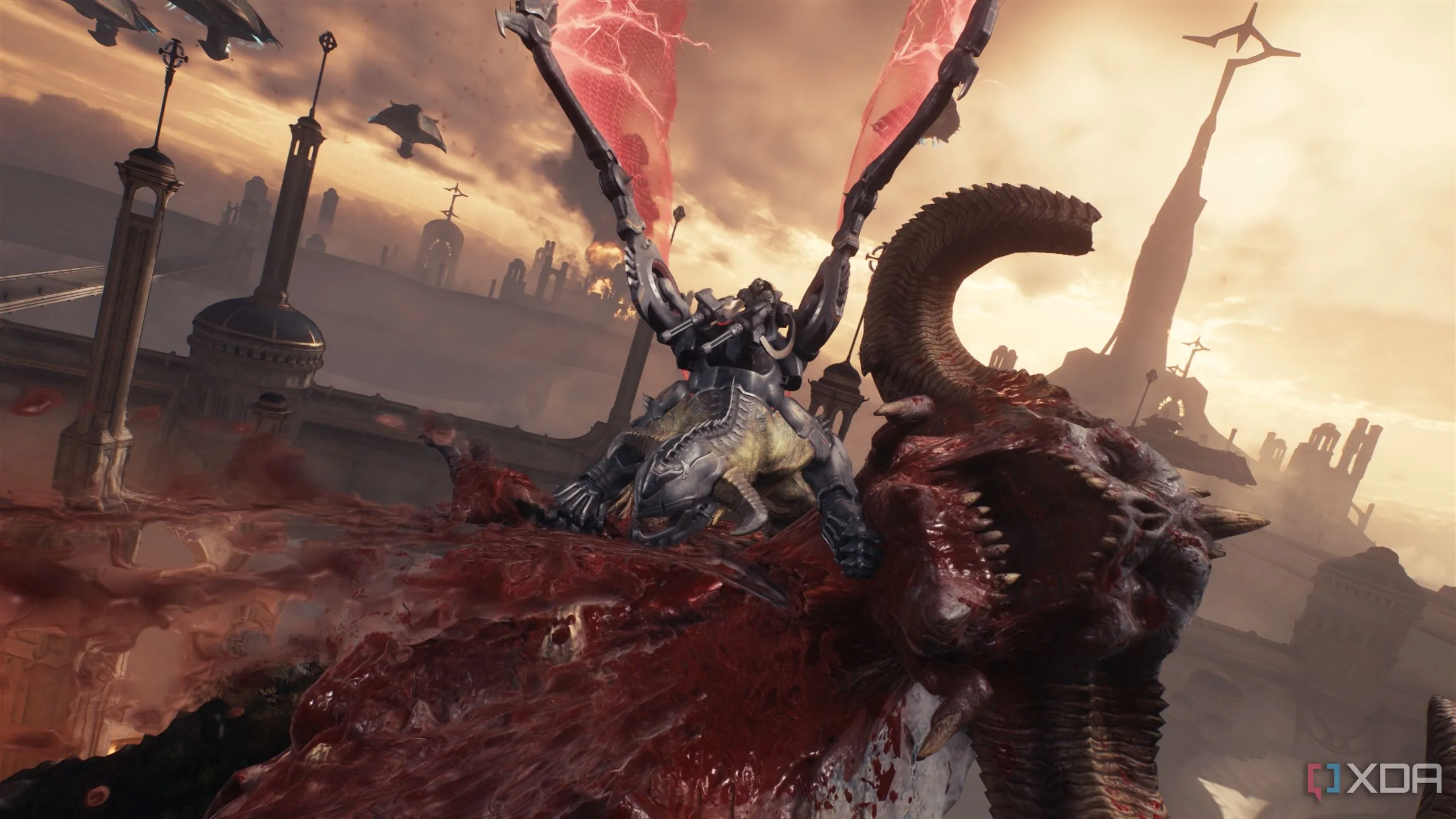 Cảnh Doom Slayer cưỡi rồng tấn công quỷ khổng lồ trong Doom The Dark Ages, thể hiện yếu tố hành động mãn nhãn và quy mô môi trường lớn.