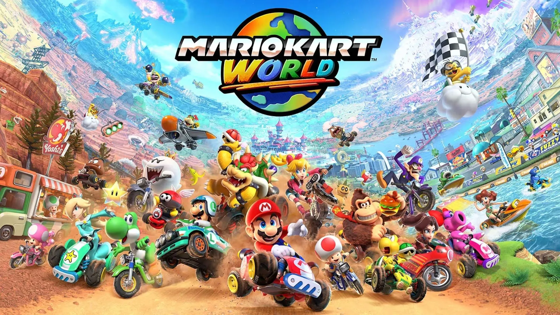 Cảnh đua 24 người đầy kịch tính với hiệu ứng vật phẩm trong Mario Kart World
