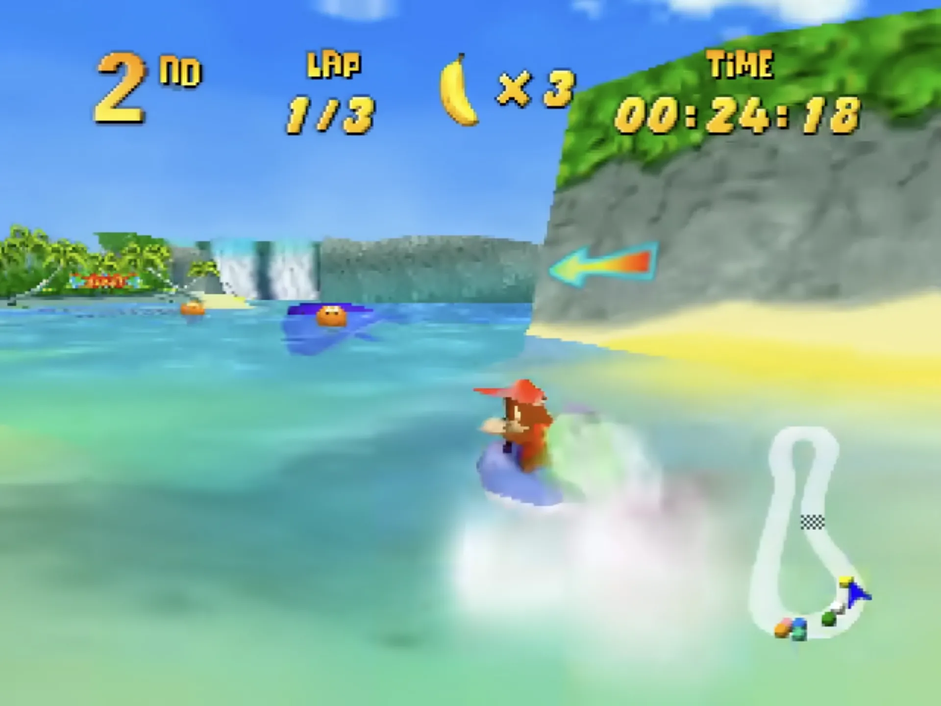 Cảnh đua xe đầy màu sắc trong game Diddy Kong Racing, đối thủ của Mario Kart 64