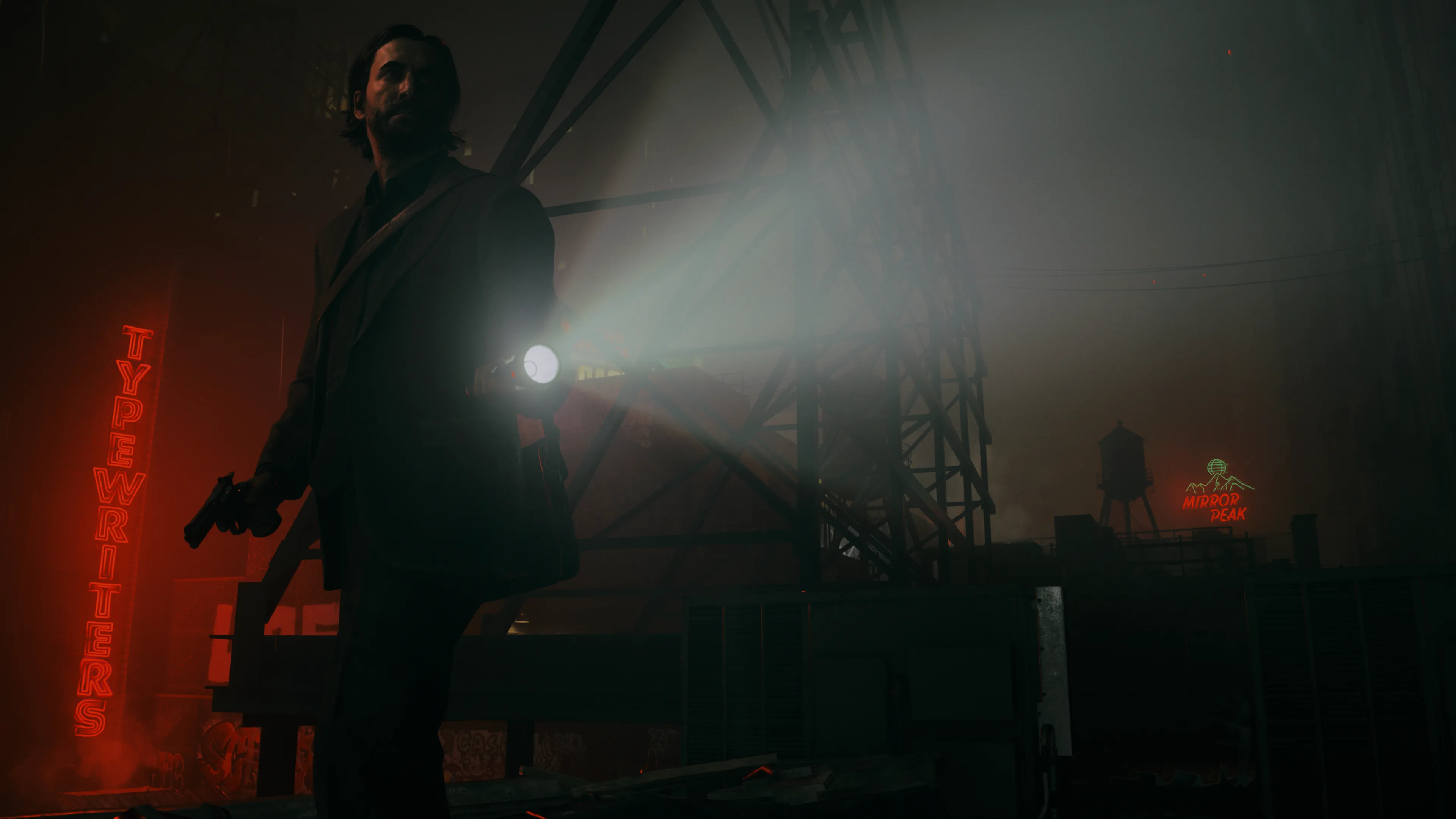 Cảnh game Alan Wake 2 với hiệu ứng đèn pin và đổ bóng ray tracing chân thực
