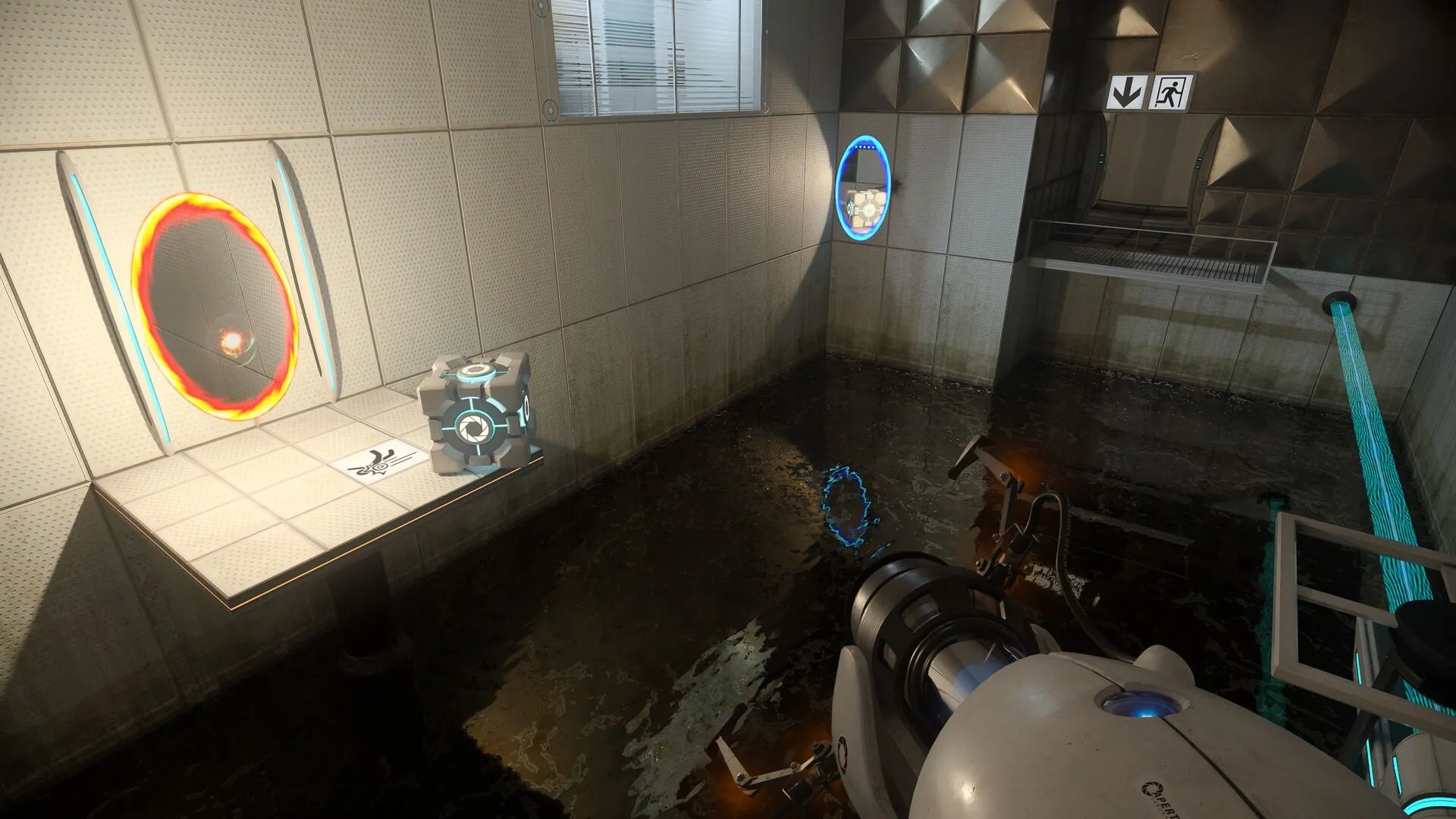 Cảnh gameplay của Portal với công nghệ RTX, thể hiện cơ chế súng cổng dịch chuyển độc đáo.