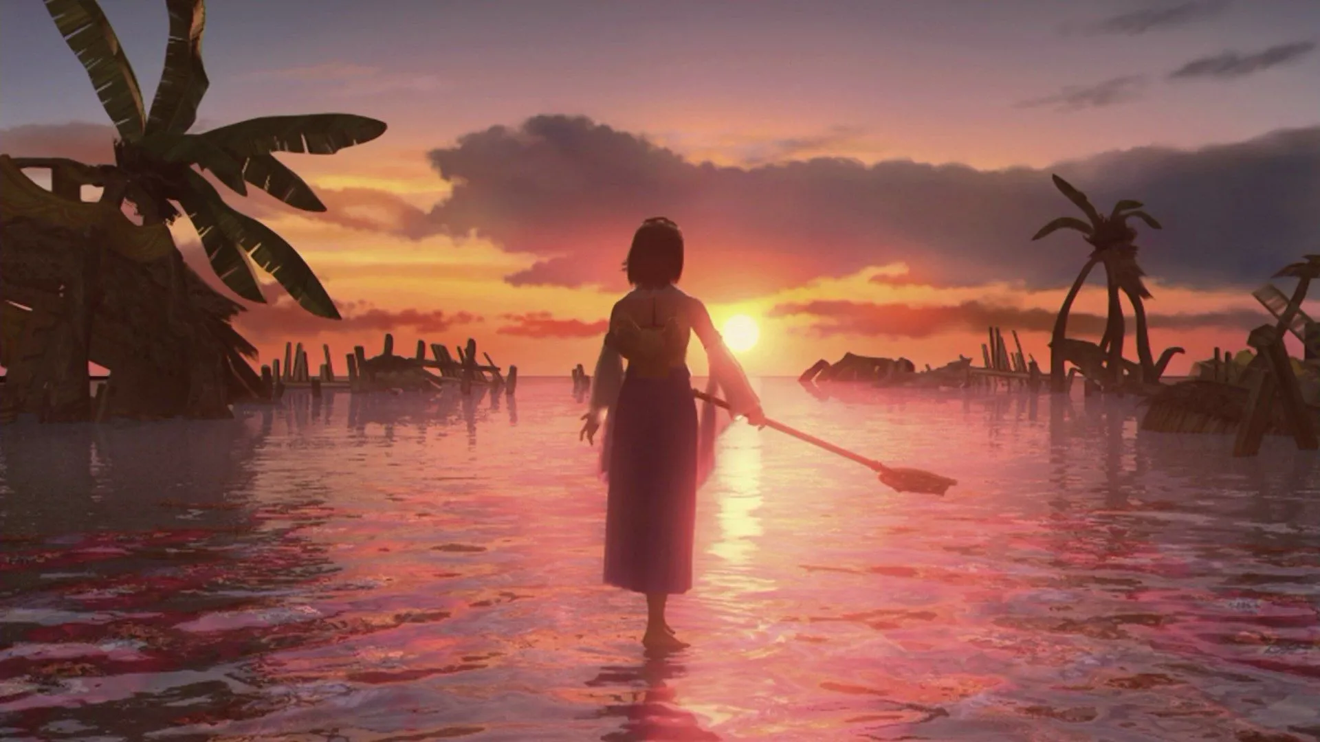 Cảnh gameplay Final Fantasy X với nhân vật đang đứng trong một môi trường mang chủ đề đại dương và nhiệt đới