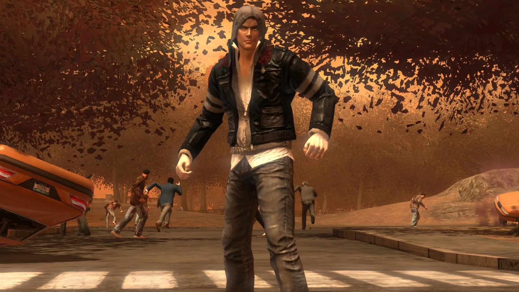 Cảnh một nhân vật đang ở giữa thành phố bị phá hủy trong tựa game hành động Prototype