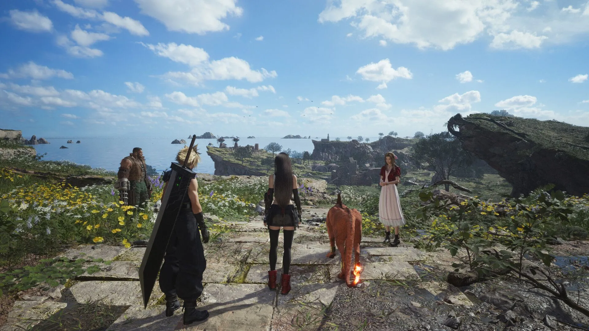 Cảnh quay trong Final Fantasy VII Rebirth, cho thấy các nhân vật chính Cloud, Tifa, Aerith, Barret và Red XIII nhìn ra khung cảnh rộng lớn với biển cả và bầu trời hùng vĩ.