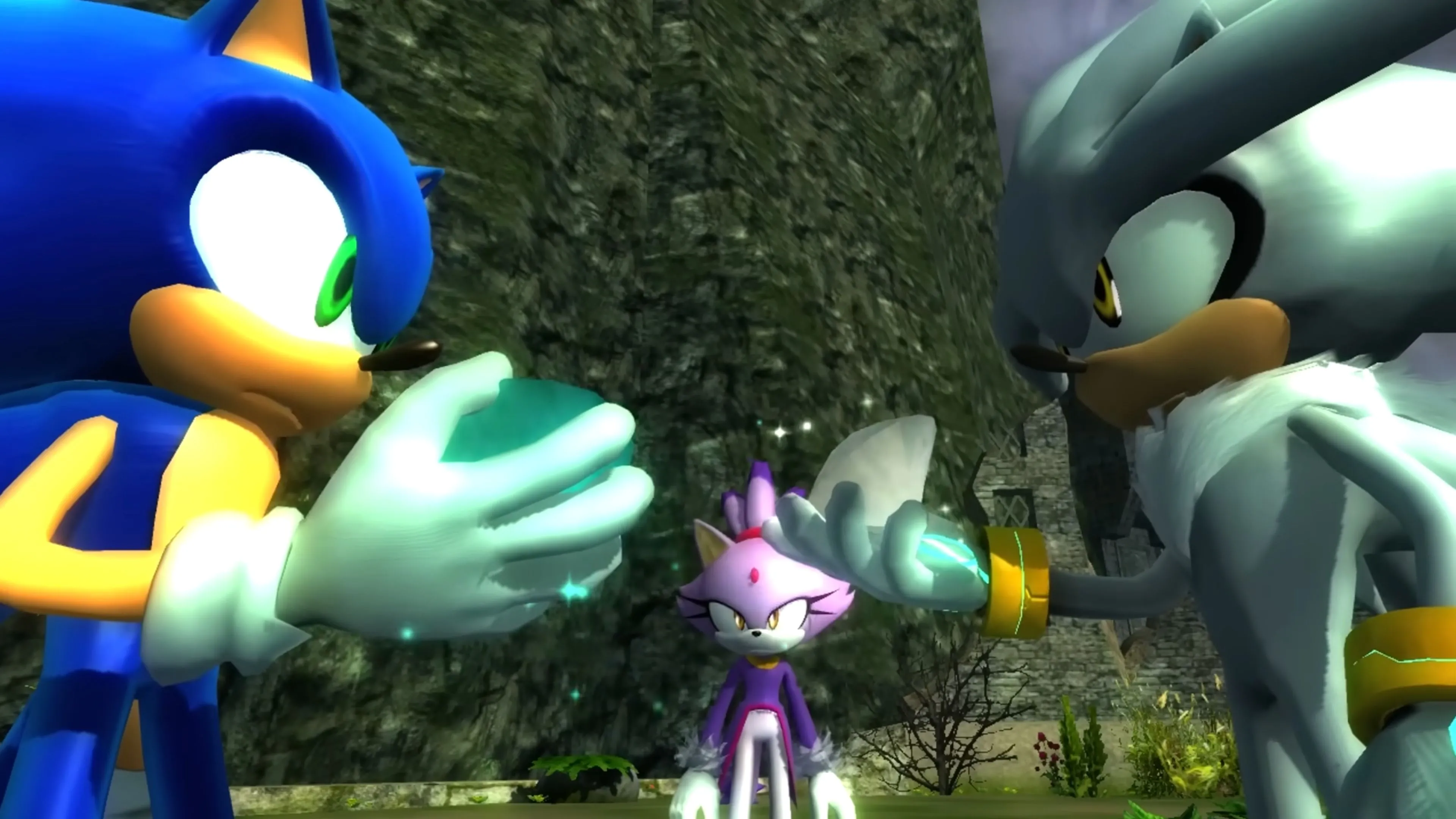 Cảnh Sonic và Silver đối mặt nhau trong tựa game Sonic the Hedgehog (2006)