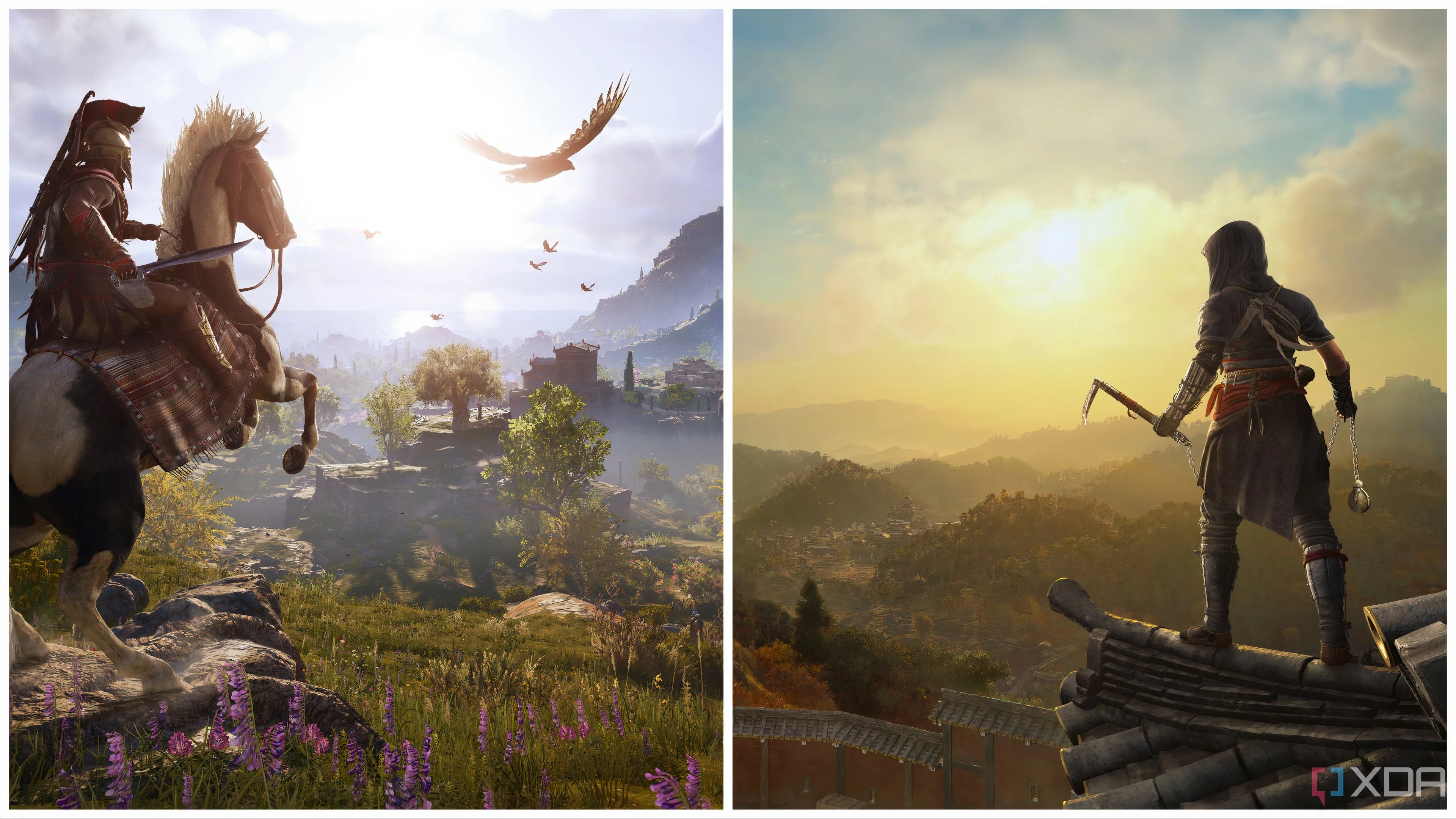 Cảnh tổng hợp môi trường giữa Assassin's Creed Odyssey và Assassin's Creed Shadows, minh họa sự phát triển của series