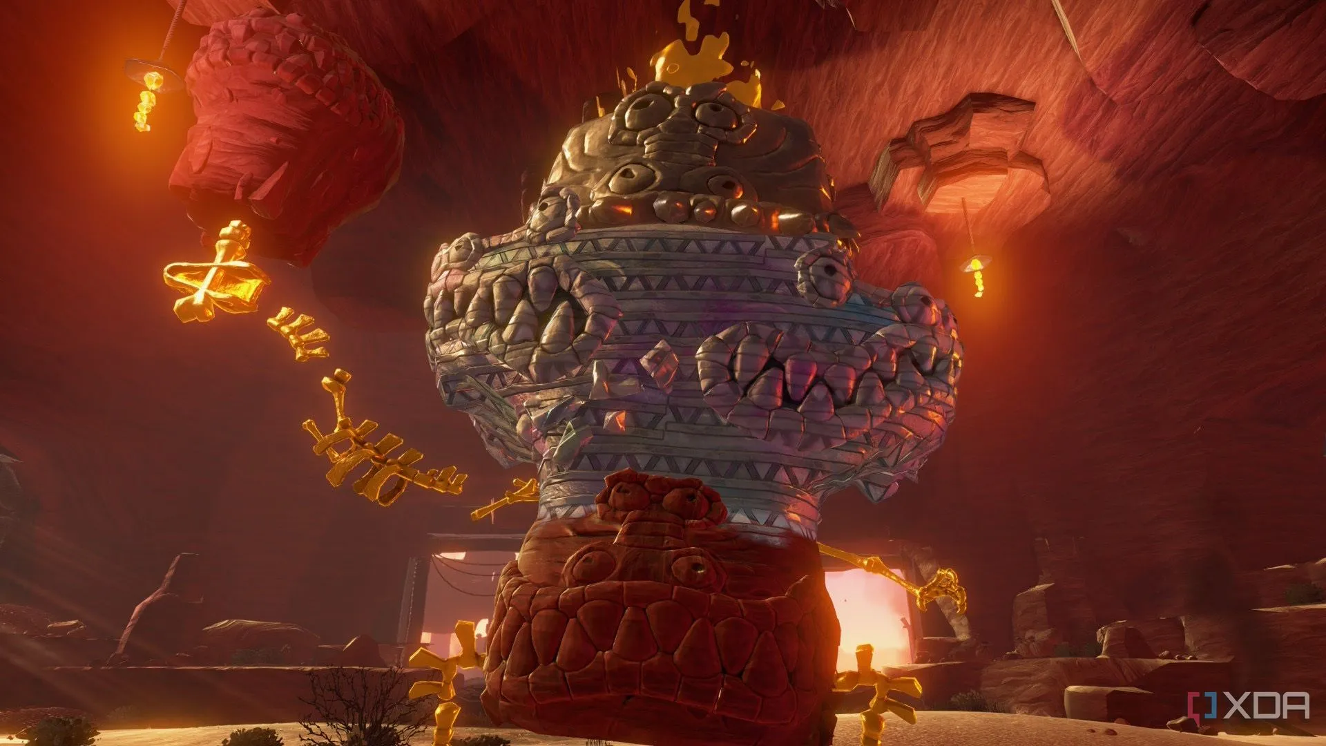 Cảnh trận chiến trùm hoành tráng trong Donkey Kong Bananza, thể hiện đồ họa chi tiết của game