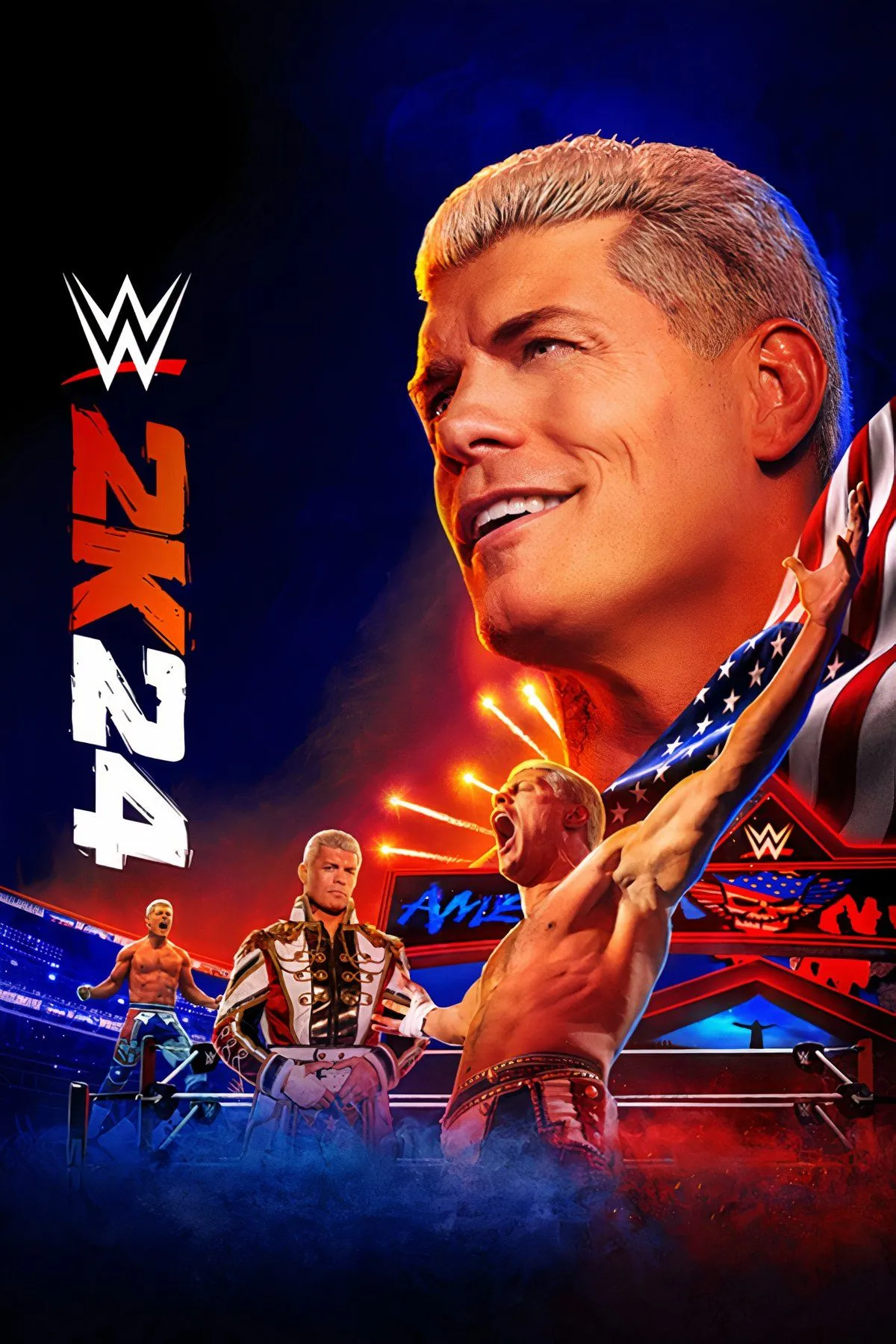 Cảnh trận đấu trong game WWE 2K24 với hai đô vật đang giao tranh trên sàn đấu
