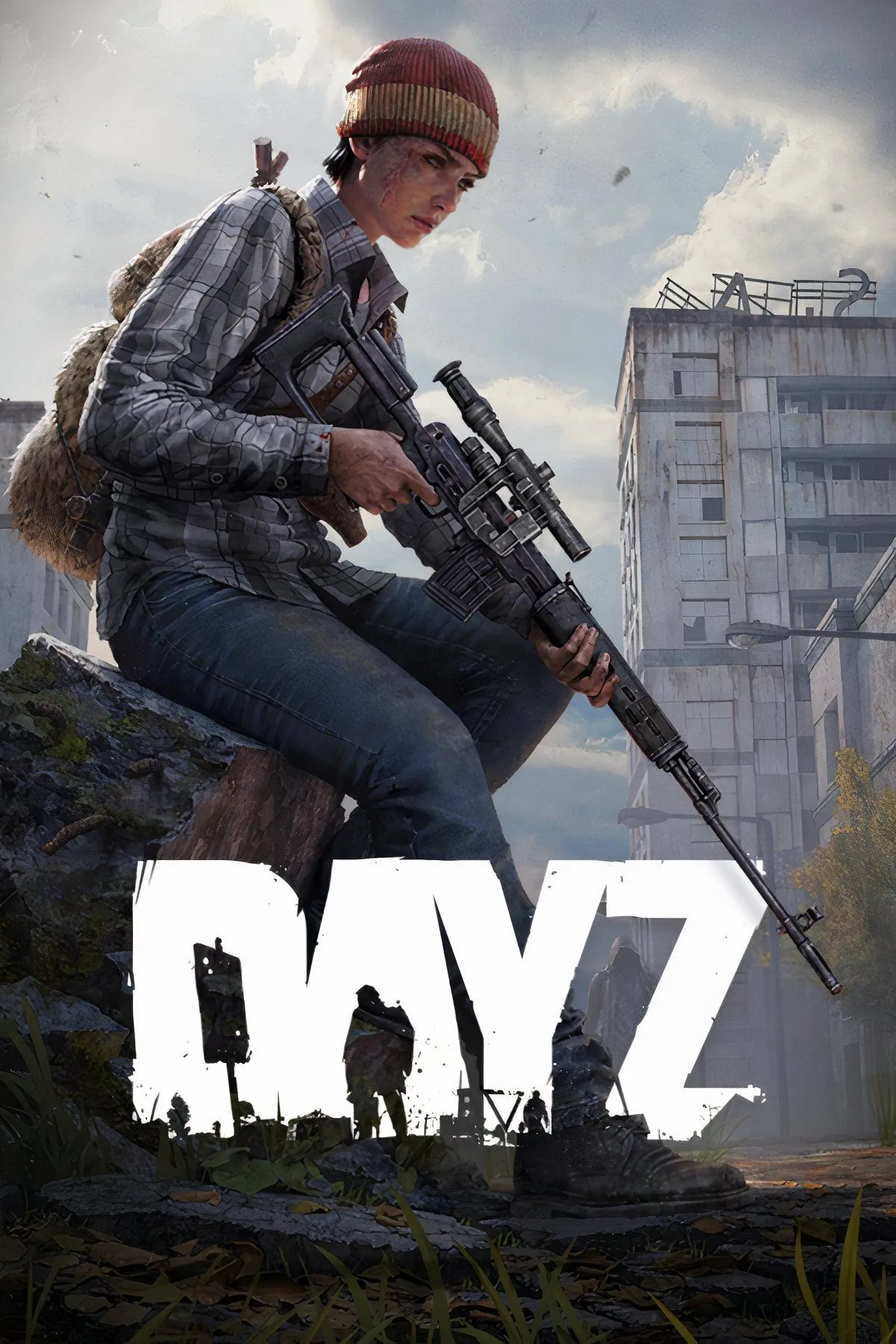 Cảnh trong game DayZ với nhân vật đang đứng giữa môi trường hoang tàn, u ám và zombie ở hậu cảnh, thể hiện không khí sinh tồn hậu tận thế.
