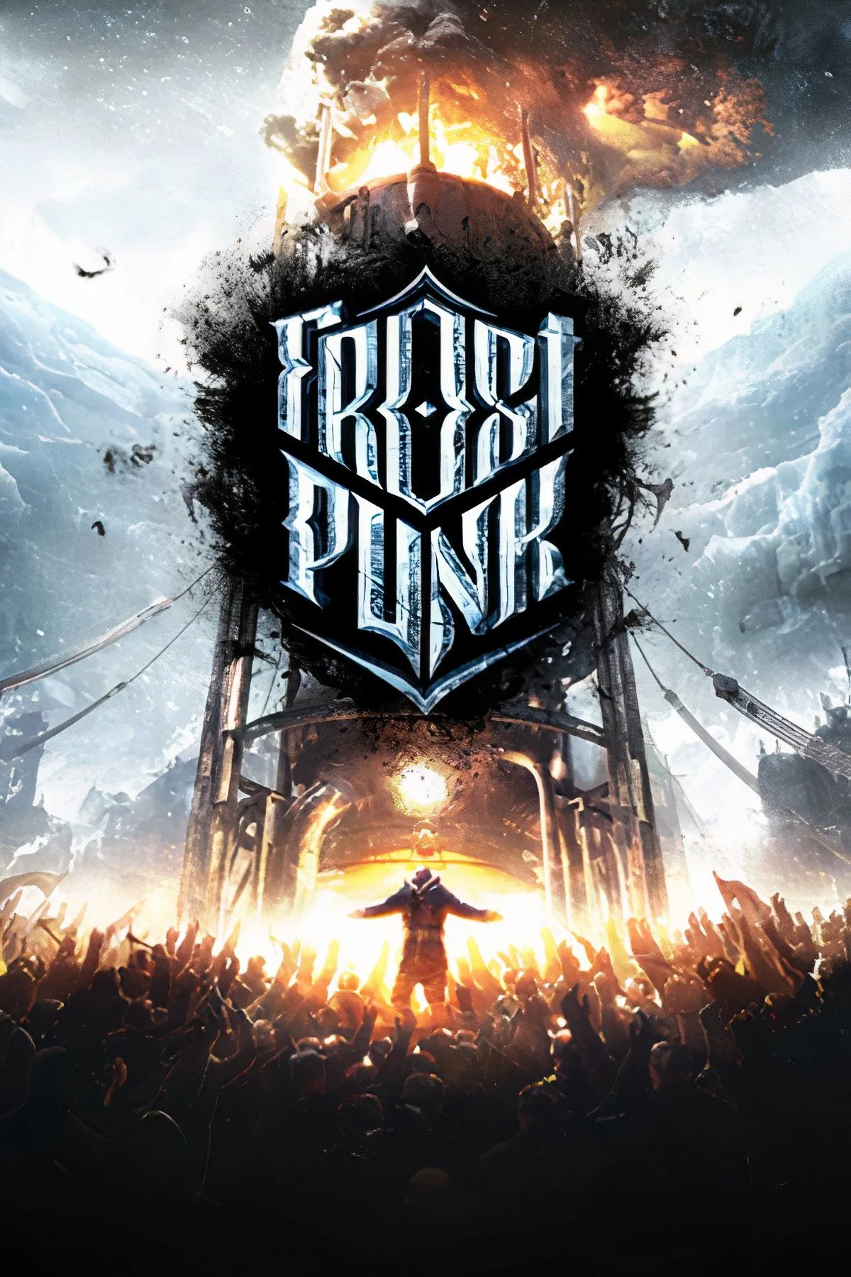Cảnh trong game Frostpunk với thành phố đông đúc giữa bão tuyết