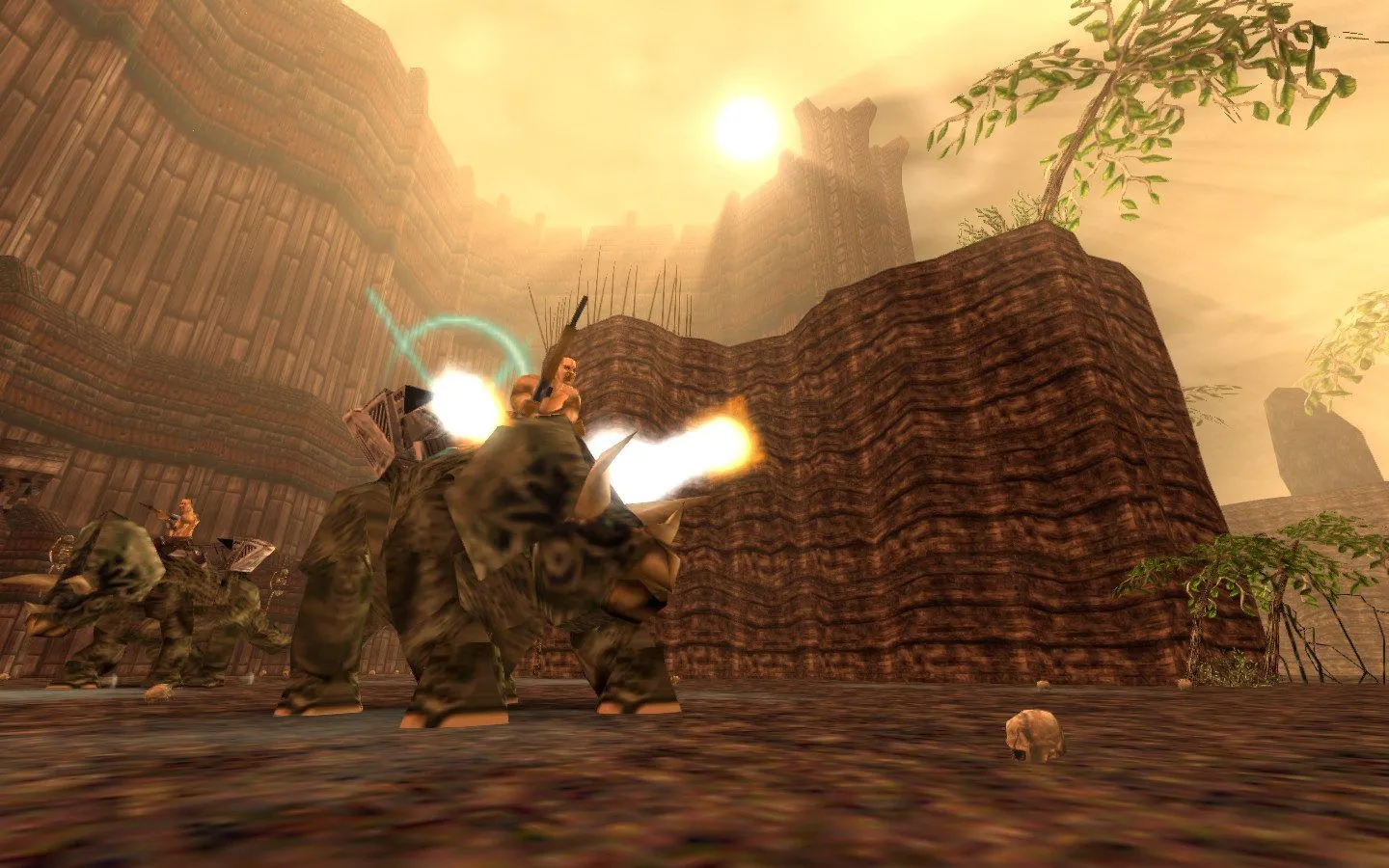 Cảnh trong Turok: Dinosaur Hunter, mô tả những chiến binh cưỡi khủng long đối đầu với kẻ thù, làm nổi bật yếu tố săn khủng long độc đáo trong game FPS này.