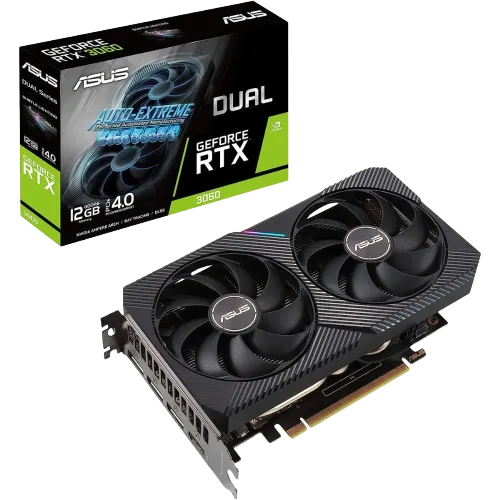 Card đồ họa Asus Dual RTX 4060 V2 OC bên cạnh hộp bán lẻ, minh họa cho linh kiện PC gaming thiết yếu