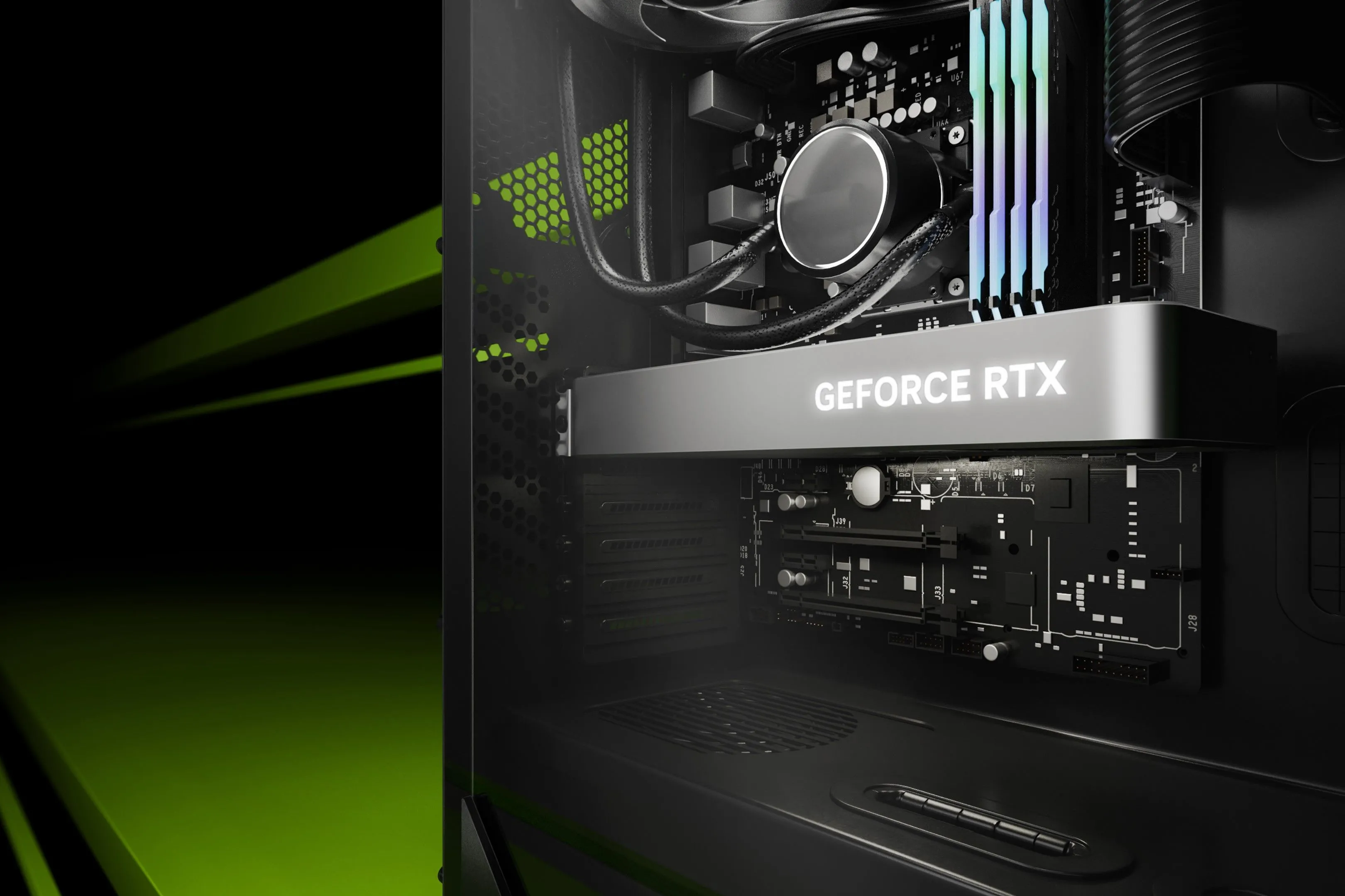 Card đồ họa Nvidia GeForce RTX bên trong vỏ máy tính, đại diện cho dòng GPU RTX 40 series