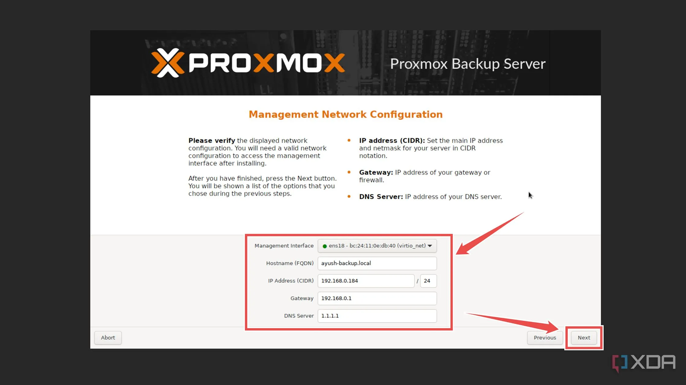 Cấu hình các tùy chọn mạng bao gồm IP, Gateway và DNS trong quá trình cài đặt Proxmox Backup Server