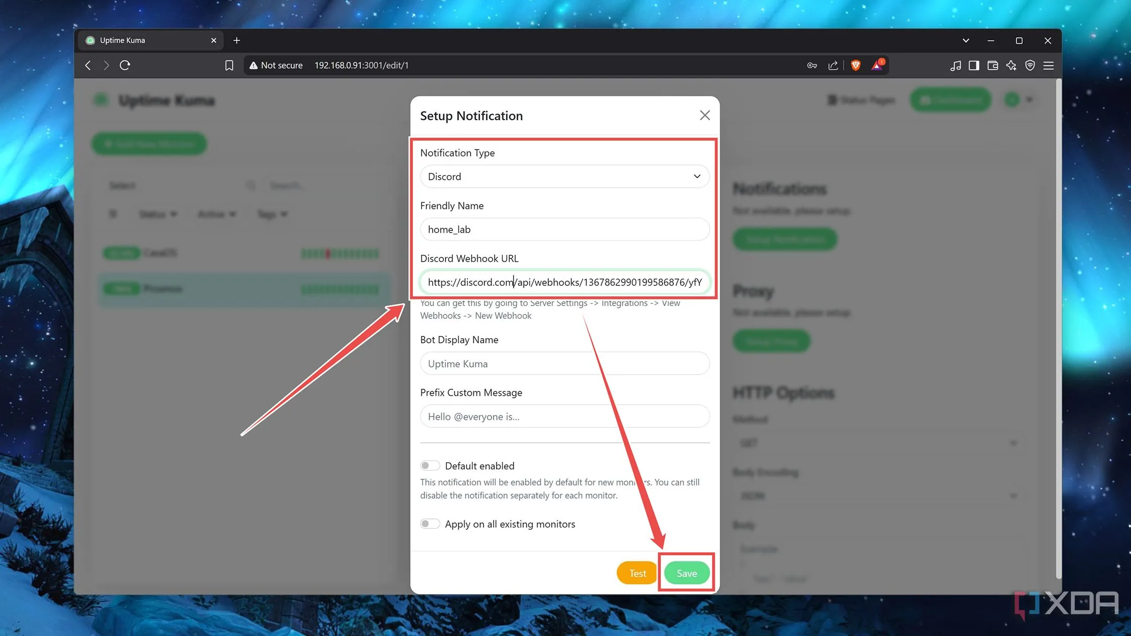 Cấu hình chi tiết thông báo trong Uptime Kuma, bao gồm loại và URL Webhook