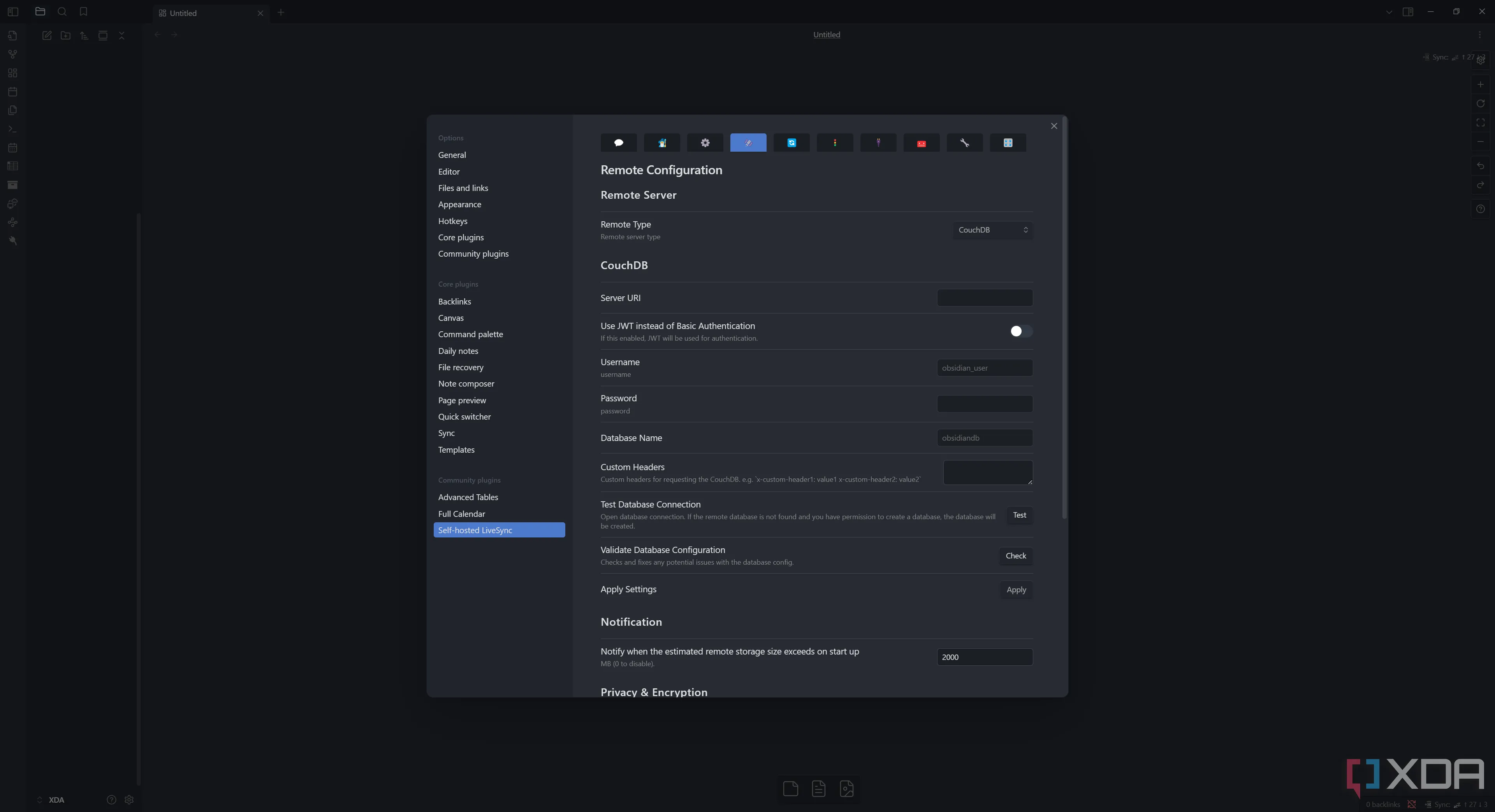 Cấu hình kết nối plugin LiveSync với CouchDB trong Obsidian, hiển thị trường URL, username, password và tên database