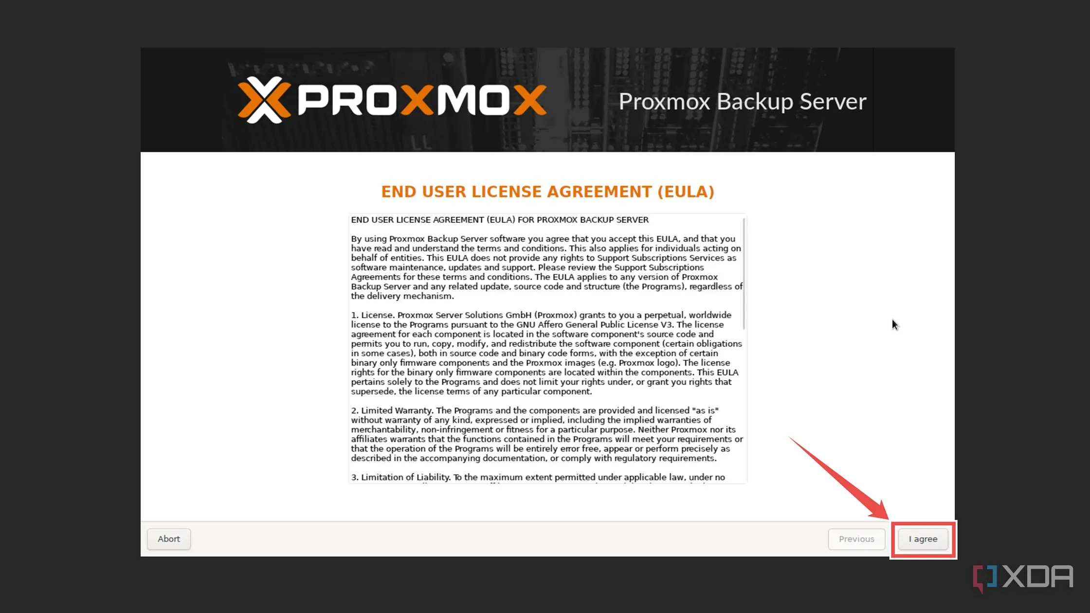 Chấp nhận Thỏa thuận Giấy phép Người dùng Cuối (EULA) của Proxmox Backup Server