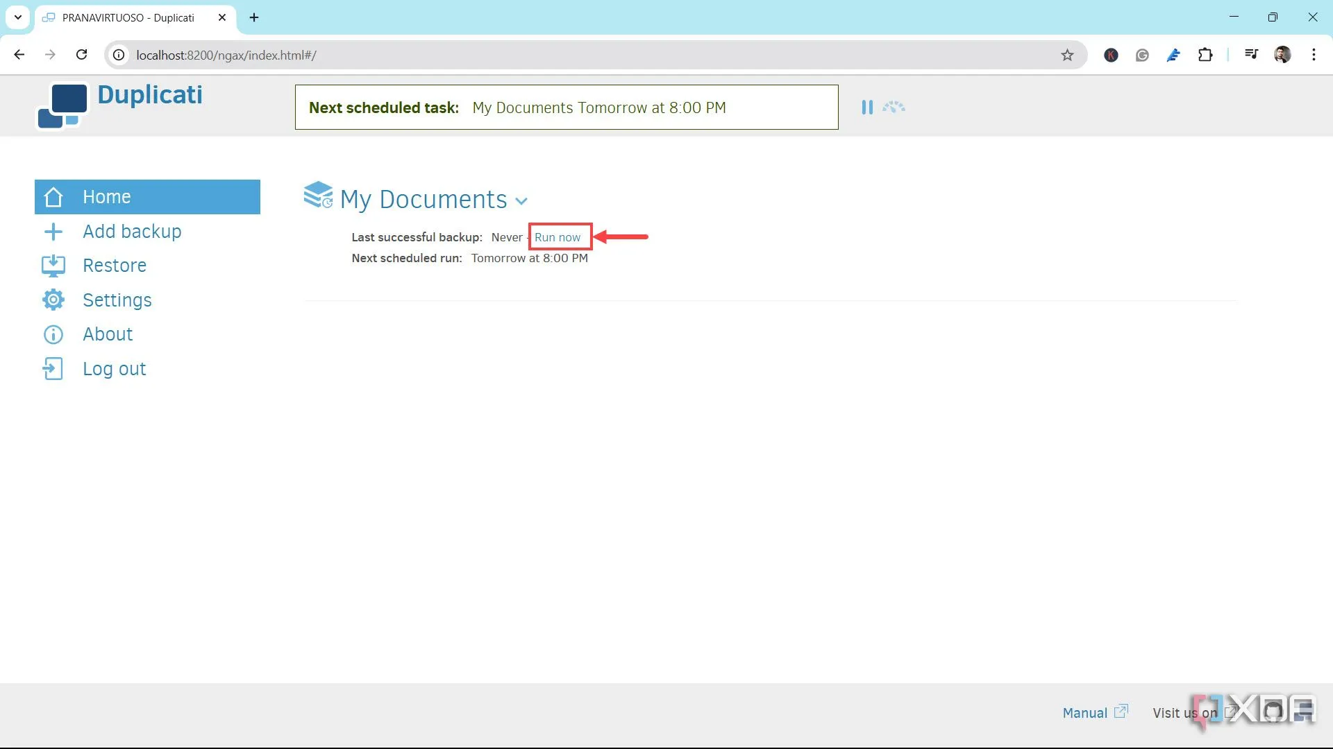 Chạy sao lưu Duplicati ngay lập tức