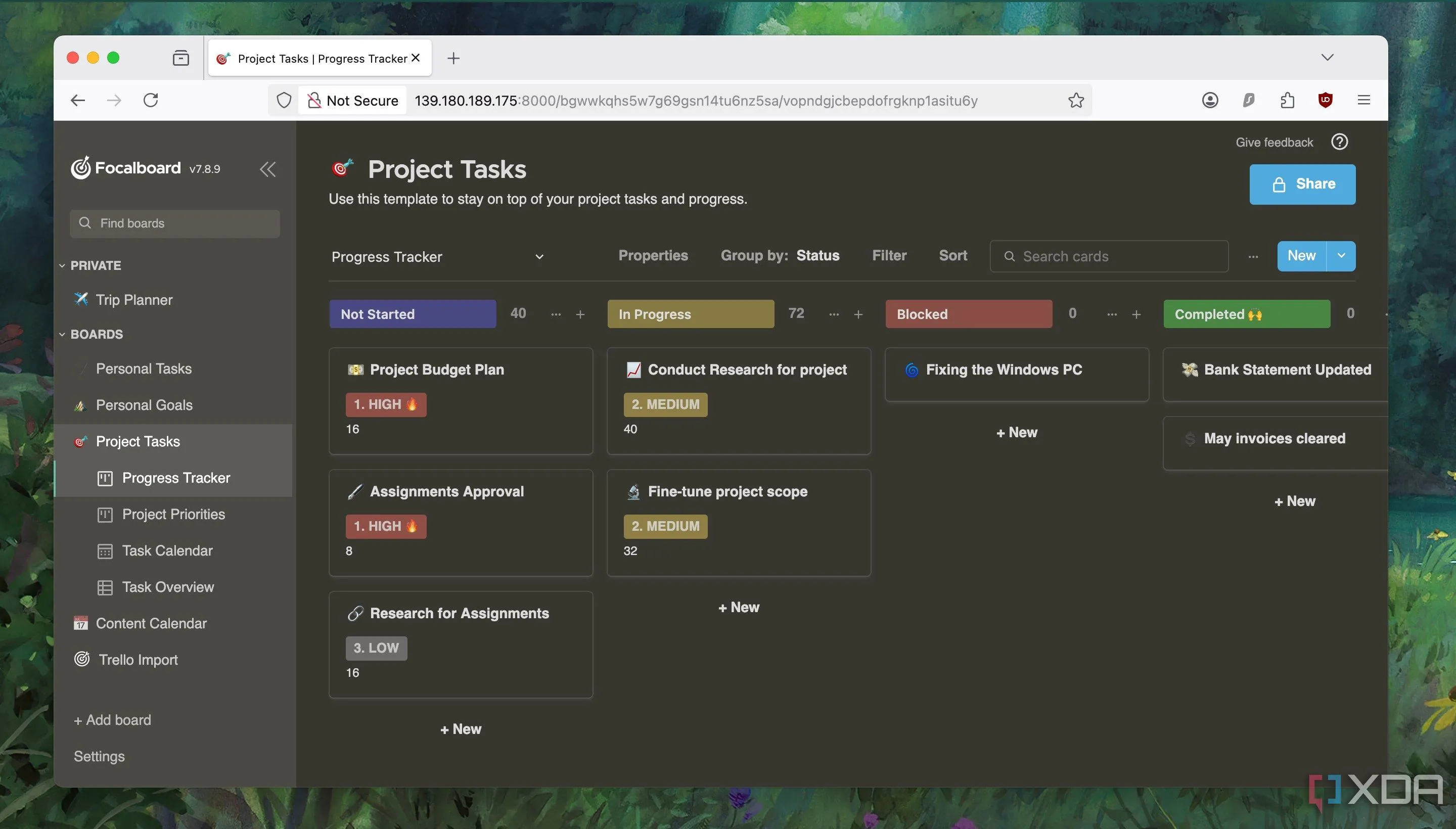 Chế độ giao diện tối (Dark Theme) của Focalboard, minh họa tính năng và trải nghiệm người dùng khi sử dụng ứng dụng quản lý dự án ngoại tuyến