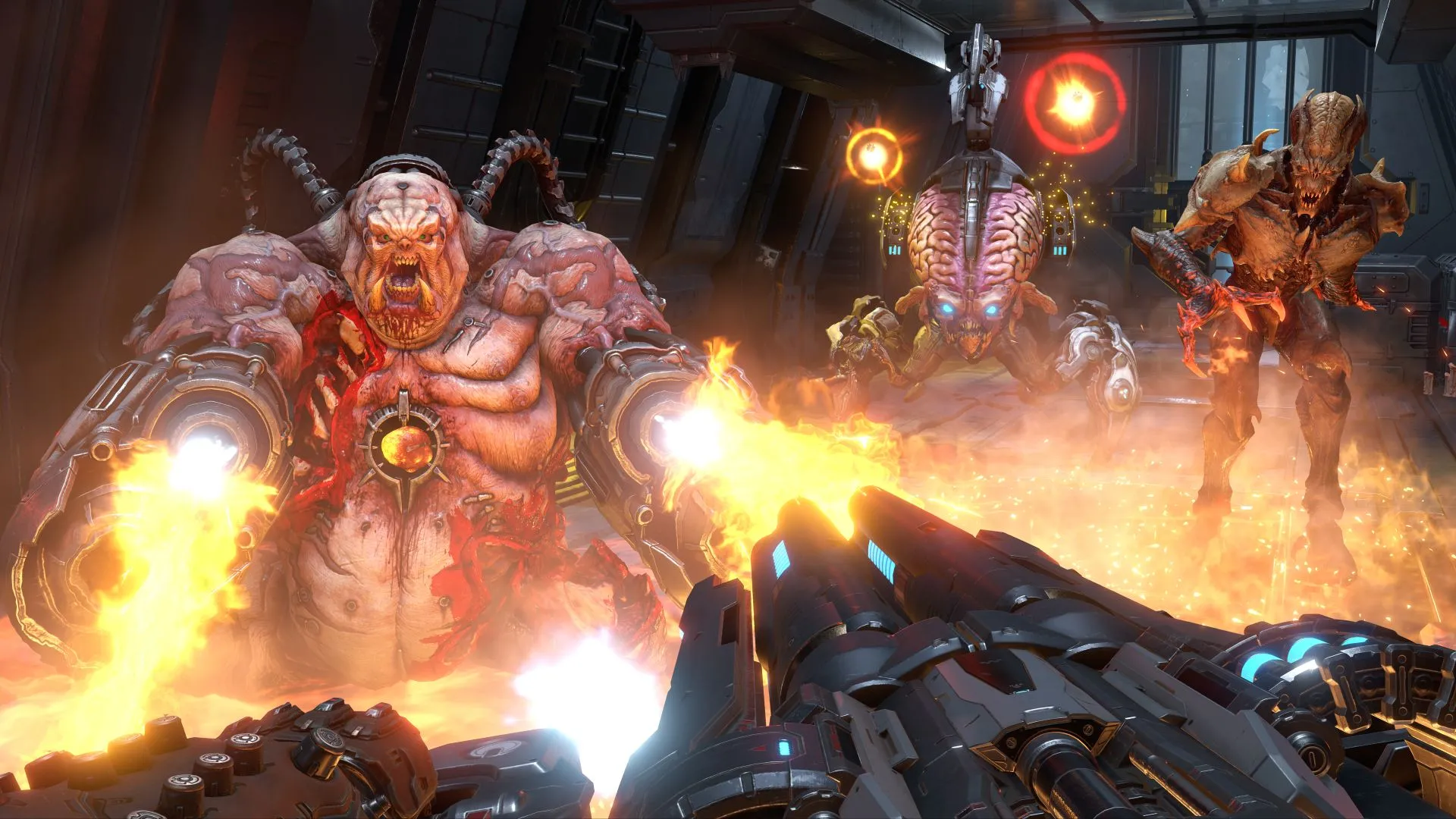 Chế độ multiplayer Battle Mode của Doom Eternal, với Doom Slayer chiến đấu chống lại ba con quỷ lớn