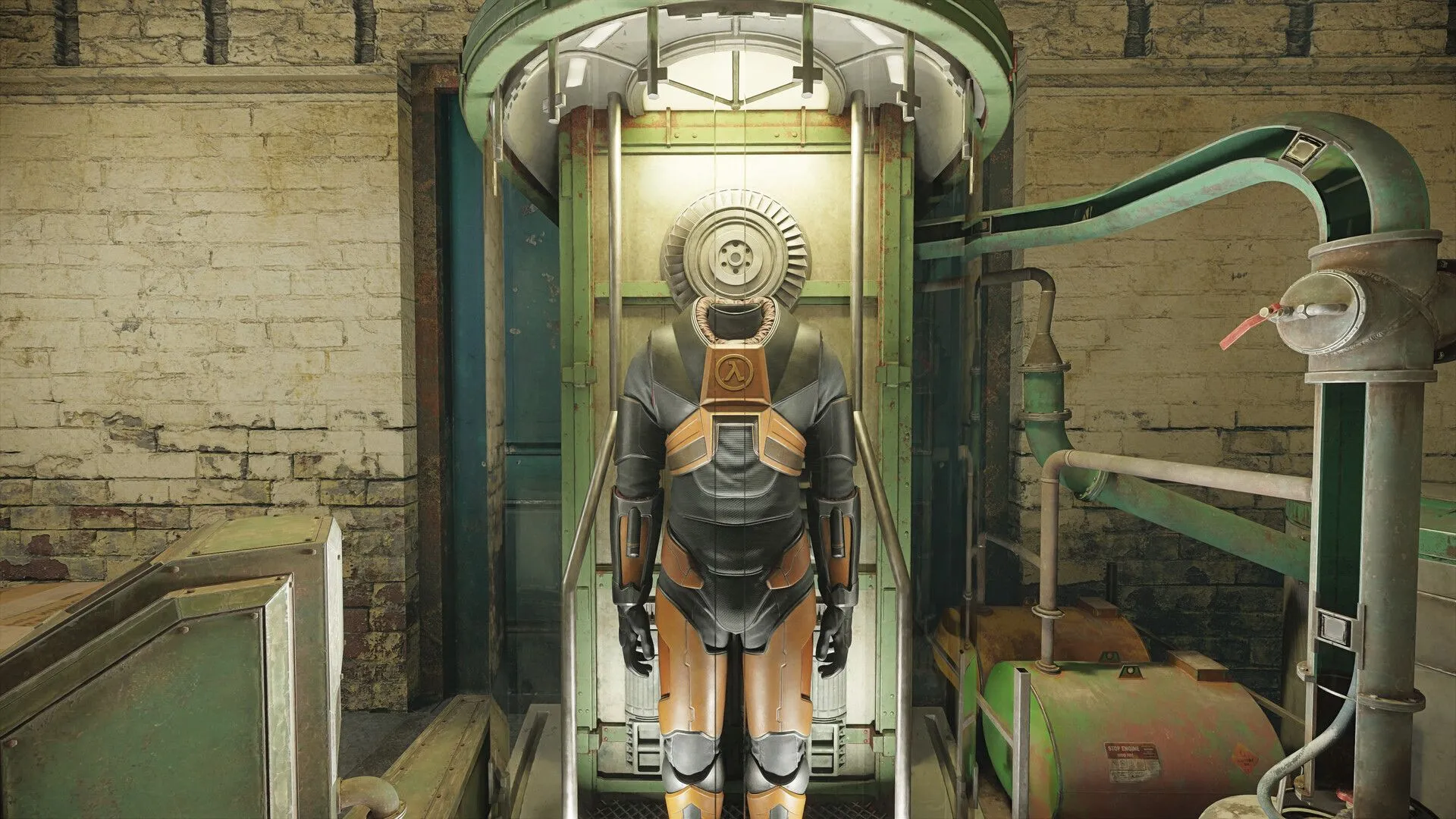 Chi tiết bộ trang phục HEV của Gordon Freeman được tái tạo với chất liệu vật lý PBR và hiệu ứng ánh sáng Ray Tracing trong Half-Life 2 RTX.