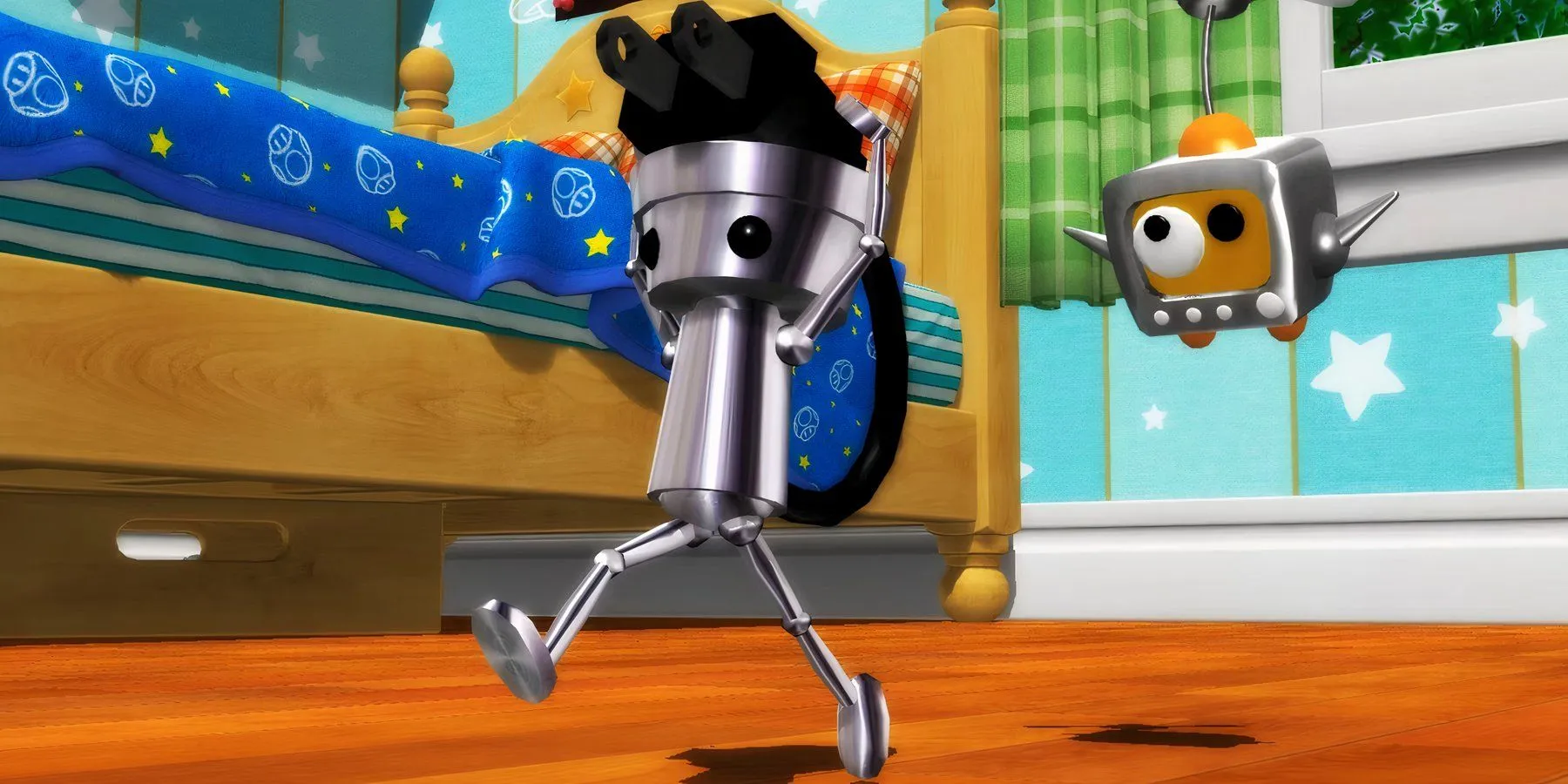 Chibi-Robo, chú robot nhỏ màu bạc, đang đứng trên sàn nhà trong game Chibi-Robo dành cho GameCube