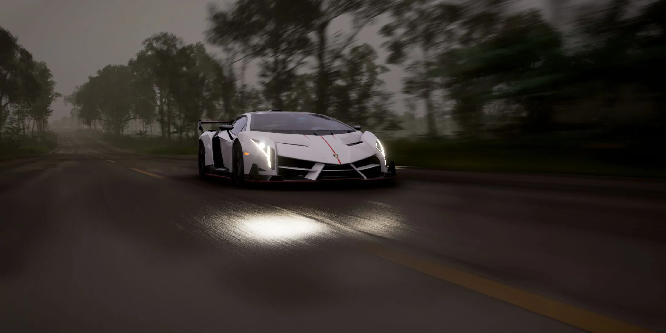 Chiếc Lamborghini Veneno màu vàng chạy trên đường cao tốc ven biển trong Forza Horizon 5