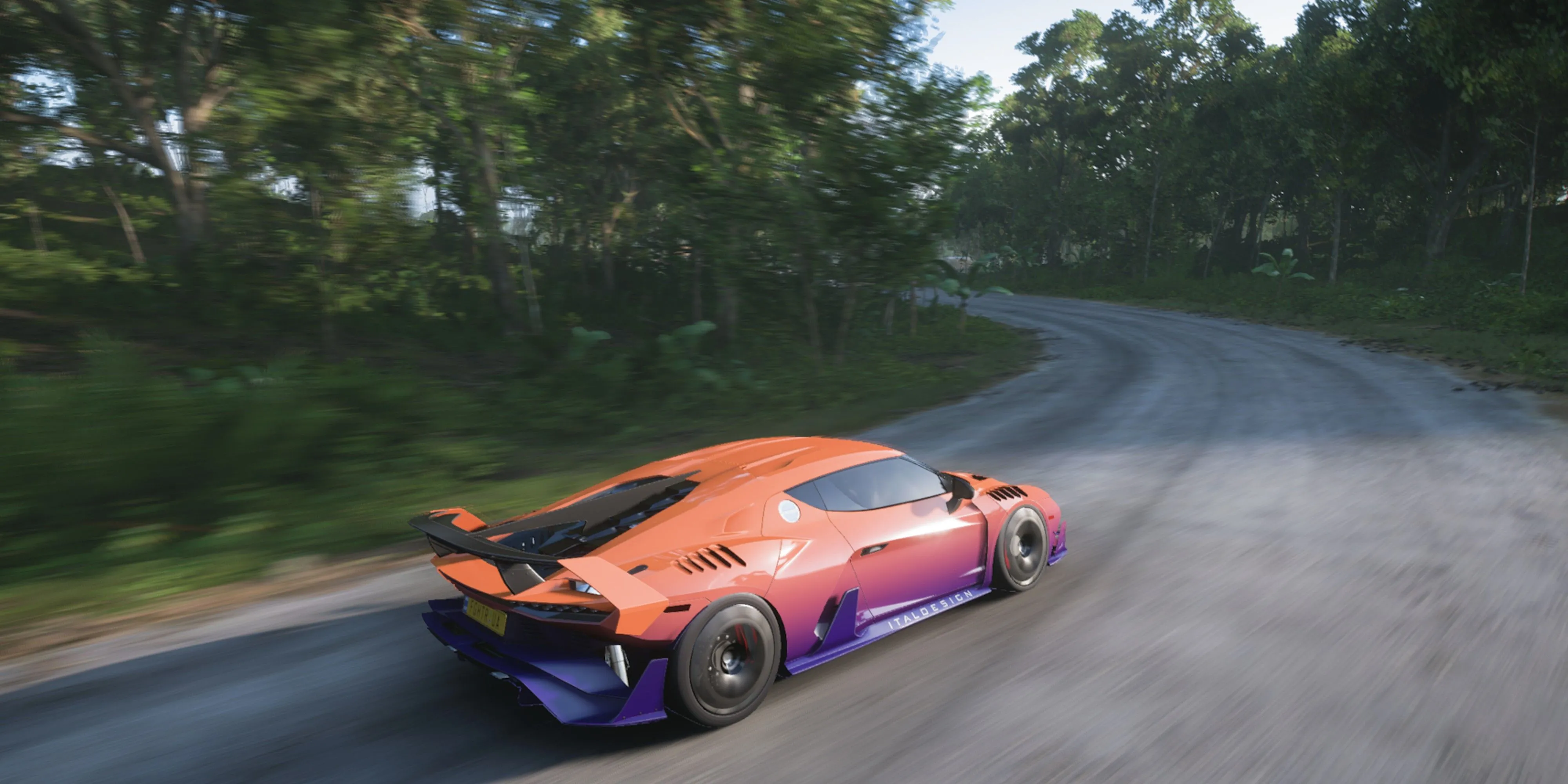 Chiếc xe thể thao Italdesign Zerouno màu xanh lam đang tăng tốc trên đường nhựa trong Forza Horizon 5