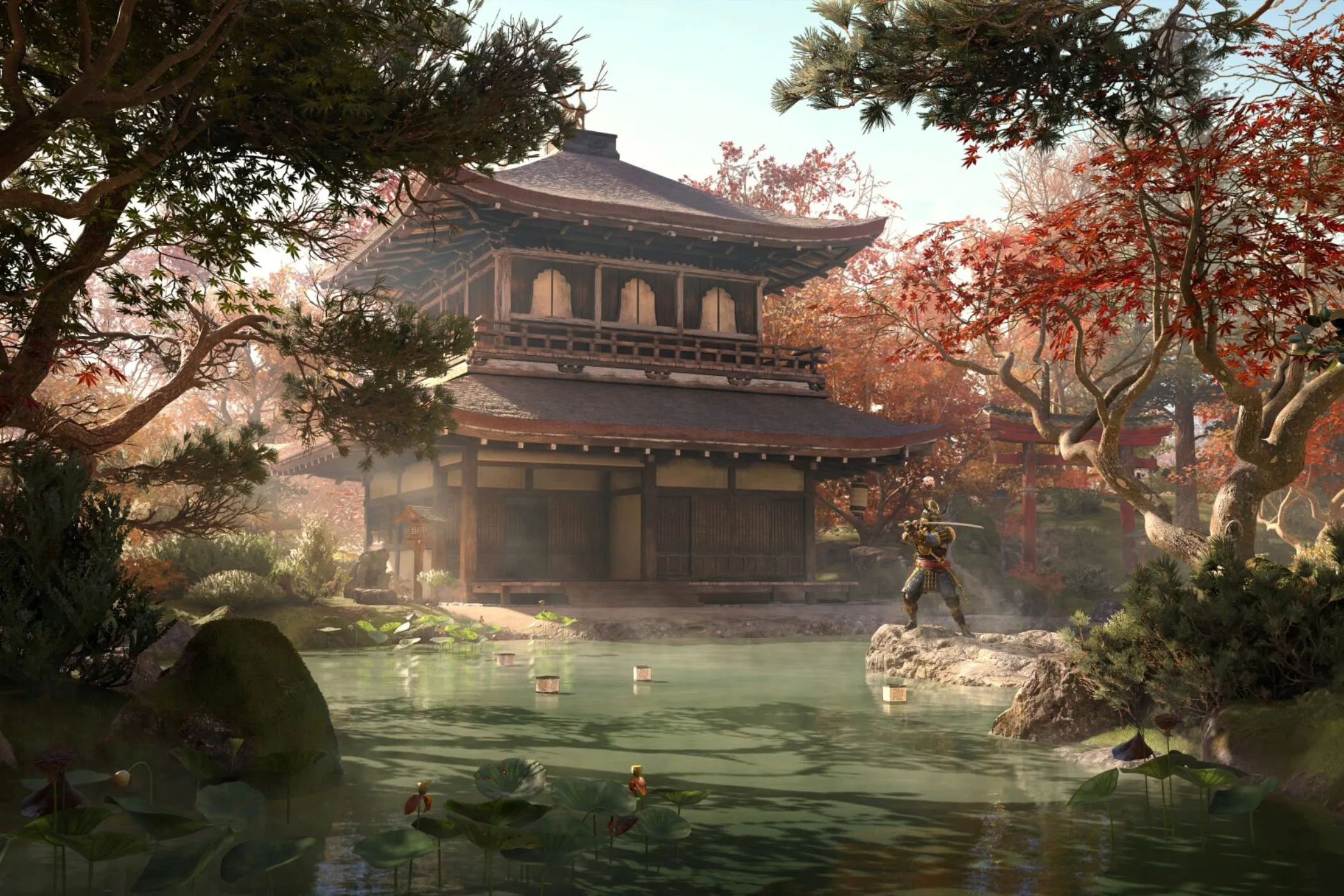 Chiến binh Yasuke đứng trong một ngôi đền cổ kính của Nhật Bản trong Assassin's Creed Shadows, thể hiện bối cảnh Nhật Bản phong kiến