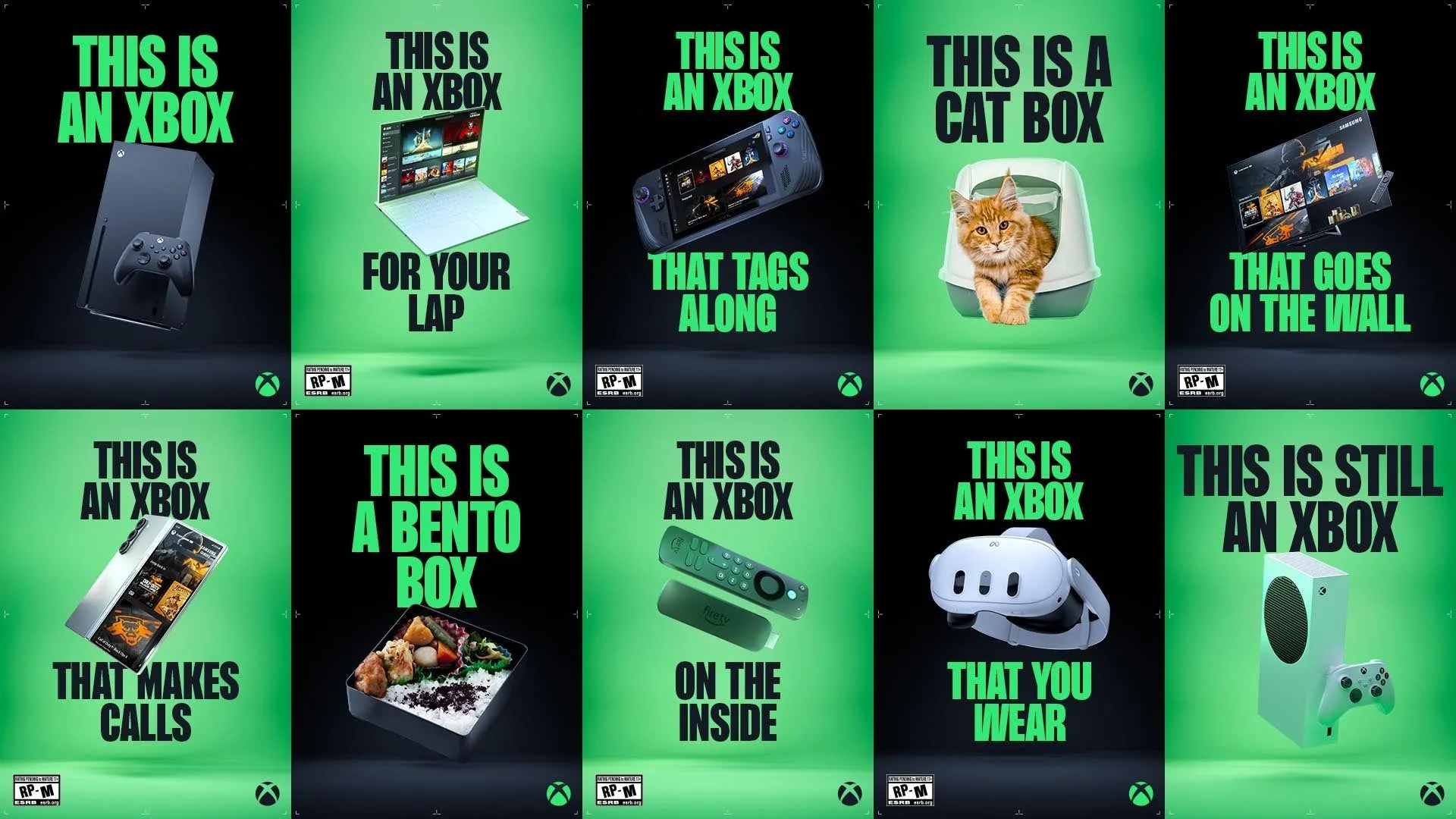 Chiến dịch quảng cáo &quot;This is an Xbox&quot; cho thấy khả năng chơi game Xbox trên nhiều thiết bị khác nhau như TV, điện thoại, laptop, và VR.