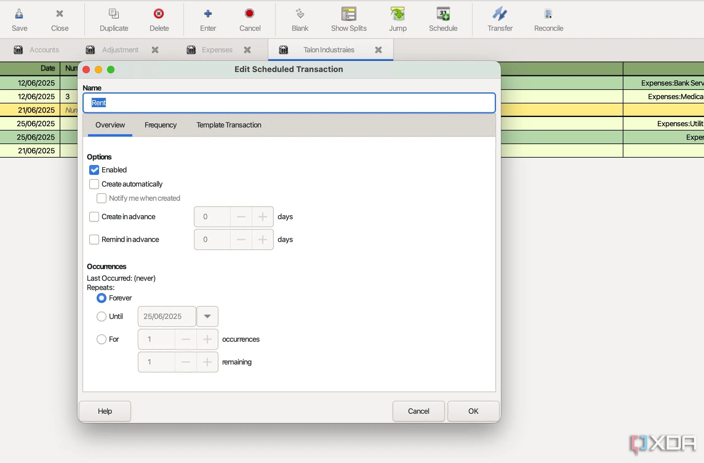 Chỉnh sửa giao dịch đã lên lịch trong GnuCash, minh họa tính năng mã nguồn mở